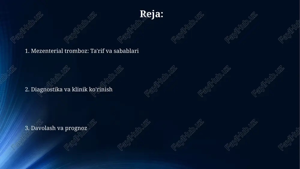 adi, dastlab diffuz, keyin esa lokalizatsiya qilinadi, bu og'riq ko'pincha 6-12 soat davom etadi. qonli ich ketishi mezenterial trombozda kuzatilishi mumkin, ayniqsa ingichka ichak ishemiyasi rivojlanganda, bemorlarning taxminan 20-25 foizida uchraydi. diagnostika mezenterial trombozni tashxislashda, doppler ultratovush tekshiruvi qon tomirlarida qon oqimini baholash va tromblarni aniqlash uchun sezgir, ammo invaziv bo'lmagan usul hisoblanadi. kt-angiografiya mezenterial trombozni tashxislash uchun zarurdir, chunki u mezenterial tomirlarning 3d tasvirini taqdim etadi va okklyuziya joyini aniq ko'rsatib beradi. tasviriy diagnostika mezenterial tombozni tasviriy diagnostikasida kompyuter tomografiyasi (kt) muhim rol o'ynaydi, 68-100% sezuvchanlikka ega, tomir ichiga kontrast modda yuborilganda aniqligi oshadi. dupleks ultratovush tekshiruvi mezenterial tomirlarni vizuallashtirishda, ayniqsa, o'tkir mezenterial ishemiyaning dastlabki bosqichlarida 85-95% aniqlikka erishadi va tezkorlikni ta'minlaydi. davolash davolash antikoagulyant terapiyasini o'z ichiga oladi, odatda geparin bilan boshlanadi va keyinchalik 3-6 oy davomida varfarin kabi og'iz antikoagulyantlariga o'tiladi, maqsad inr darajasini 2,0 dan 3,0 gacha ushlab turishdir. agar ichakning nekrozi bo'lsa, jarrohlik aralashuvi zarur …