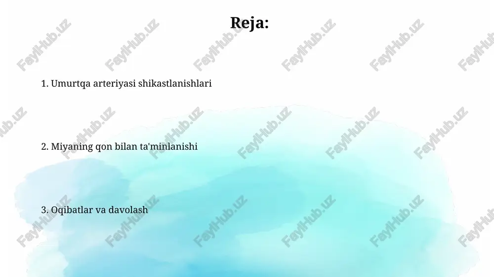suyak sinishi natijasida yuzaga keladigan arteriya shikastlanishlari, ayniqsa c1 va c2 umurtqalari singanida, vertebral arteriya tomirlarining ezilishi yoki yirtilishi bilan xavfli. miya qon bilan ta'minlanishi: umumiy ko'rinish miyaning qon bilan ta'minlanishi vertebrobazilar va ichki karotid arteriyalar tizimlari orqali amalga oshiriladi, bu tizimlar orqali miyaga 800 ml dan 1000 ml gacha qon yetkaziladi. willis halqasi – miyaning asosiy arteriyalari o'rtasida muhim anatomik bog'lanish bo'lib, qon oqimi yetishmovchiligi bo'lganda muhim kompensatsion mexanizmni ta'minlaydi. willis doirasi va uning ahamiyati willis doirasi oldingi va orqa miya arteriyalarini (a1 segmenti va bazilar arteriyasi) bog'lab, ikkita qon ta'minoti tizimi o'rtasida muhim kollateral yo'l bo'lib xizmat qiladi. ushbu doira beshta asosiy arteriyani o'z ichiga oladi: oldingi miya arteriyasi (aca), orqa miya arteriyasi (pca), oldingi biriktiruvchi arteriya (acoma) va ikkita orqa biriktiruvchi arteriya (pcoma). umurtqa-bazilyar yetishmovchiligi umurtqa-bazilyar yetishmovchiligi ko'pincha 50 yoshdan oshganlarda uchraydi, bu aterosklerozning rivojlanishi va qon tomirlarining torayishi bilan bog'liq bo'lishi mumkin. vertibro-bazilyar yetishmovchilik belgilari, masalan, …