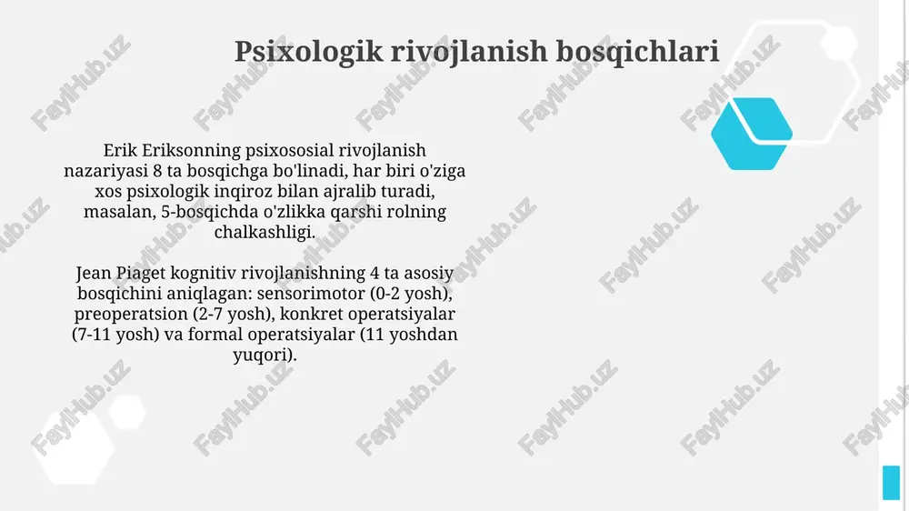 3 yoshdan 6 yoshgacha davom etadi va bolaning e'tibori jinsiy a'zolariga qaratiladi, o'z-o'zini qondirish va o'rganish hissi kuchayadi. o'g'il bolalarda edip kompleksi yuzaga keladi, ular onasiga nisbatan jinsiy istakni his qiladi va otasini raqobatchi deb biladi, qo'rquv tufayli identifikatsiya paydo bo'ladi. latentlik bosqichi latentlik bosqichi taxminan 6 yoshdan balog'atga etgunga qadar davom etadi, bu vaqt davomida bolaning libidinal impulslari nisbatan tinch holatda bo'ladi. ushbu davrda energiya asosan ijtimoiy va intellektual ko'nikmalarni rivojlantirishga yo'naltiriladi, bunda tengdoshlar bilan o'zaro munosabatlar muhim rol o'ynaydi. genital bosqich genital bosqich 12 yoshdan boshlab umr bo'yi davom etadi, unda shaxsiyat rivojlanishi va jinsiy qiziqishlarga e'tibor qaratiladi. bu bosqichda, 12 yoshdan keyin, o'smirlar va kattalar munosabatlarni o'rnatish va jamiyatga hissa qo'shish orqali o'zlikni shakllantirishga harakat qiladi. erik eriksonning psixosotsial rivojlanish nazariyasi eriksonning nazariyasi tug'ilishdan to o'limga qadar 8 bosqichni qamrab oladi, har bir bosqichda shaxs inqirozni yengib, psixosotsial fazilatni egallashi kerak. har bir bosqichda inqiroz, masalan, 'ishonchga …