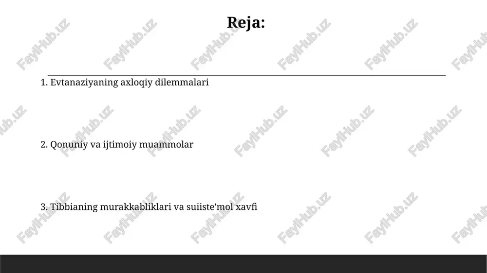 lish uchun 24/7 muhim ahamiyatga ega. palliativ yordam va hayot sifatini yaxshilash palliativ yordam bemorning hayot sifatini yaxshilashga qaratilgan bo'lib, og'riqni boshqarish, simptomlarni yengillashtirish va psixo-ijtimoiy qo'llab-quvvatlashni o'z ichiga oladi. hayot sifatini yaxshilash uchun palliativ yordamning asosiy maqsadi bemorning qadr-qimmatini saqlash, avtonomiyasini hurmat qilish va ularning qarorlarini qo'llab-quvvatlashdan iborat. ijtimoiy va madaniy qarashlar ijtimoiy qarashlar evtanaziyaga nisbatan turlicha, ba'zi madaniyatlarda yordam berishning oxirgi shakli sifatida qabul qilinsa, boshqalarida esa 100 foiz qoralanadi. madaniyatlarda evtanaziyaning maqbulligi, 70-yillardan buyon o'zgarib kelgan; ba'zi jamiyatlarda shaxsning avtonomiyasiga urg'u beriladi, boshqalarida esa hayotning muqaddasligi ustun turadi. e'tiboringiz uchun rahmat image1.png image2.jpg image3.jpg image4.jpg image5.jpg image6.jpg image7.jpg