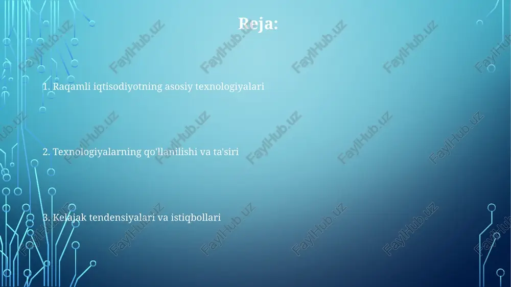lmasi xarajatlarini 20-30% ga kamaytirishga yordam beradi, chunki ular apparat va dasturiy ta'minotni saqlash xarajatlaridan voz kechishadi. blokcheyn texnologiyasi blokcheyn texnologiyasi markazlashmagan ma'lumotlar bazasidir, unda tranzaksiyalar 'bloklar'ga guruhlanadi va kriptografiya orqali zanjirga bog'lanadi, bu esa xavfsizlikni 51% hujumidan himoya qiladi. uchinchi avlod blokcheynlari, masalan, cardano, proof-of-stake konsensusidan foydalanadi va sekundiga 1000 dan ortiq tranzaksiyalarni qayta ishlashga qodir, bu esa uning tezligini oshiradi. blokcheyn, shuningdek, markazlashmagan moliyani (defi) qo'llab-quvvatlaydi, bu esa banklar kabi vositachilarsiz kreditlar, savdo va sug'urta kabi moliyaviy xizmatlarni taqdim etadi. internet buyumlari (iot) iot texnologiyalari yordamida aqlli shaharlar yaratiladi, bunda sensorlar orqali ma'lumotlar yig'ilib, transport oqimini 15 foizga optimallashtirish va energiya sarfini kamaytirish mumkin. iot qurilmalari 2025-yilga kelib global iqtisodiyotga 11,1 trillion aqsh dollari miqdorida iqtisodiy ta'sir ko'rsatishi kutilmoqda, bu esa biznes uchun katta imkoniyat yaratadi. iot sanoatda predictive maintenance (bashoratli texnik xizmat ko'rsatish) tizimini joriy etishga imkon beradi, bu esa uskunaning ishdan chiqishini 30 foizga kamaytiradi. kiberxavfsizlik …