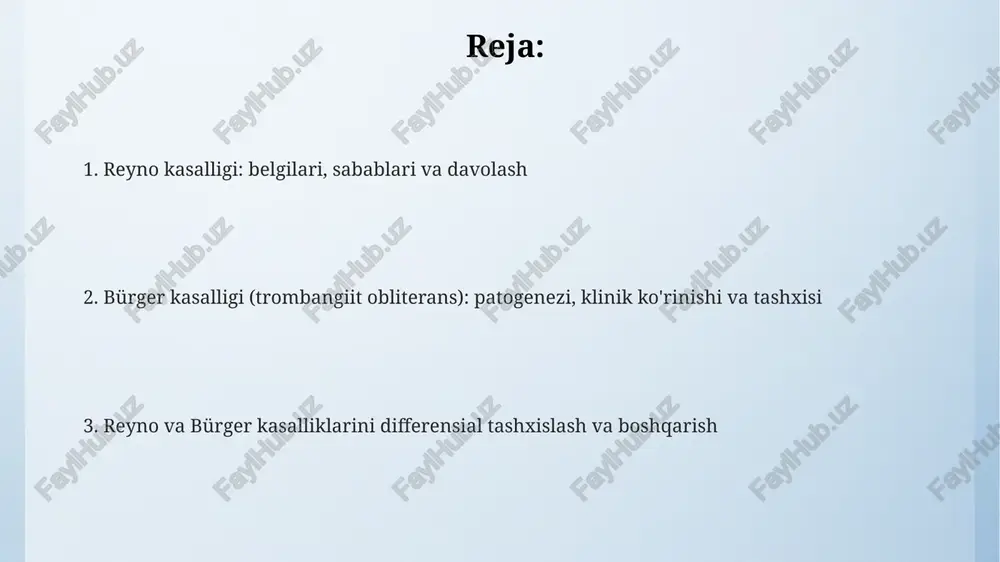uerger kasalligining asosiy etiologik omili tamaki chekish hisoblanadi; 95% dan ortiq bemorlar chekuvchilar yoki ilgari chekkan bo'ladi. patofiziologiya rayno kasalligida patofiziologiya kichik qon tomirlarining haddan tashqari vazokonstriksiyasini o'z ichiga oladi, bu esa raqamlarga qon oqimining pasayishiga va 3 fazali rang o'zgarishiga olib keladi. buerger kasalligida chekish endotelial disfunktsiyani keltirib chiqaradi, bu esa 1-toifa kollagen ishlab chiqarishning ko'payishiga va 1/3 qon tomirlari segmentar trombangiit obliteransiga olib keladi. rayno hodisasida alfa-2 adrenergik retseptorlari sonining ortishi vazokonstriktordagi sezgirlikni oshiradi, bu esa barmoqlarda qon oqimini 50% ga kamaytiradi. klinik ko'rinish byurger kasalligida oyoq-qo'llarda kuchli og'riq paydo bo'ladi, ayniqsa jismoniy faollikdan keyin (intermittent claudication), shuningdek, oyoq va qo'llarda trofik yaralar (nekroz) kuzatilishi mumkin. reyno kasalligida barmoqlar oq rangga kirishi kuzatiladi, keyin sianoz (ko'kish tus) paydo bo'ladi, nihoyat, qizarish kuzatilib, bu jarayon bir necha daqiqadan bir necha soatgacha davom etishi mumkin. reyno kasalligida simptomlar odatda haroratning keskin o'zgarishi yoki stress ta'sirida paydo bo'ladi, ko'pincha ayollarda uchraydi, …