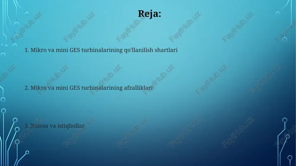 'ridan-to'g'ri ishlatib, atmosfera ifloslanishini keltirib chiqaruvchi issiqxona gazlari emissiyasini sezilarli darajada kamaytiradi. bu turbinalar, odatda, kimyoviy moddalar ishlatmaydi, bu esa suv sifatiga salbiy ta'sirni kamaytiradi va suv ekotizimlarining biologik xilma-xilligini saqlashga yordam beradi. afzalliklari: ijtimoiy ta'sir mikro va mini geslar qishloq joylarda elektr ta'minotini yaxshilash orqali 1000 dan 5000 gacha aholiga mo'ljallangan ijtimoiy infratuzilmani rivojlantirishga yordam beradi. mahalliy aholi uchun 20 dan 50 tagacha ish o'rinlari yaratish, ish bilan bandlik darajasini oshirish va iqtisodiy faollikni rag'batlantirish orqali ijtimoiy farovonlikni oshiradi. o'rnatish va texnik xizmat ko'rsatish mikro-gidroturbinalarni o'rnatishda 100 kvtgacha bo'lgan quvvatlarda oddiyroq dizaynlardan foydalanish imkoniyati texnik xizmat ko'rsatish xarajatlarini 15-20% ga kamaytirishi mumkin. mini-gidroturbinalar uchun texnik xizmat ko'rsatish davriyligi, odatda, 6 oydan 12 oygacha bo'lib, bu vaqt oralig'ida asosiy qismlarning holati 2-3 kun davomida tekshiriladi. muammolar va yechimlar muammolarning yechimlari loyiha joylashuvini to'g'ri tanlashni o'z ichiga oladi, bu esa minimal ekologik ta'sir va optimal gidrologik sharoitlarni ta'minlaydi. mini-gidro agregatlari uchun …