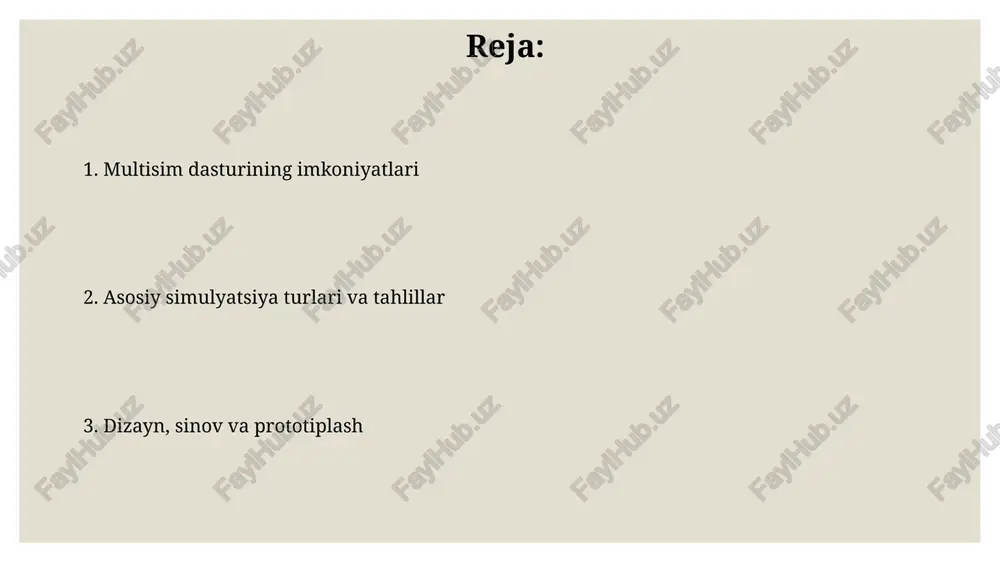 ini real vaqtda o'zgartirishga imkon beradi, masalan, rezistor qiymatini o'zgartirish orqali 1 khz chastotali filtr ishini kuzatish mumkin. grafiklar va vizualizatsiya vositalari kuchlanish, tok va chastota kabi parametrlar uchun simulyatsiya natijalarini 2d va 3d formatlarda tasvirlaydi, tahlilni osonlashtiradi. pcb loyihalash bilan integratsiya multisim pcb loyihalashga integratsiyasi, 14,500 dan ortiq komponentdan iborat ma'lumotlar bazasi orqali sxemani to'g'ridan-to'g'ri gerber fayllariga aylantirish imkonini beradi. real vaqtda komponentlar orasidagi aloqalarni tekshirish va 3d ko'rinish xususiyatlari pcb loyihalash jarayonida xatoliklarni kamaytirishga yordam beradi, shu bilan birga prototiplash vaqtini 25% ga qisqartiradi. ta'lim va o'qitish uchun imkoniyatlar multisim elektron sxemalar simulyatsiyasi orqali interaktiv o'qitish imkoniyatini beradi, talabalarga nazariy bilimlarni amaliy mashqlar orqali 2n3904 tranzistorining ishlashini tushunishga yordam beradi. uning yordamida, talabalar virtual laboratoriyalarda turli komponentlar, masalan, 1kō qarshiliklar va 100µf kondensatorlar bilan eksperimentlar o'tkazib, sxemalarning xatti-harakatini kuzatishlari mumkin. e'tiboringiz uchun rahmat image4.jpg image5.jpg image6.jpg image7.jpg image8.jpg image9.jpg image10.jpg