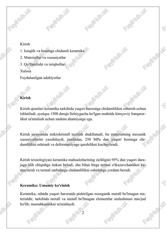 atsiyasi 1800°c gacha haroratda va yuqori mexanik yuklamalarda barqaror ishlashni ta'minlaydi. bosimga chidamli keramika bosimga chidamli keramika yuqori bosimlarda (100 mpa dan ortiq) o'zining strukturaviy yaxlitligini saqlab qoladi, buning uchun mayda donali strukturadan va qattiq bog'lovchi fazalardan foydalaniladi. siqilish kuchi 2 gpa dan oshadigan kremniy karbid (sic) va bor karbid (b4c) kabi materiallar ekstremal bosim sharoitida quvvatni ta'minlaydi va deformatsiyaga qarshilik ko'rsatadi. bosimga chidamli keramika ishlab chiqarishda issiq izostatik presslash (hip) usuli materialning zichligini oshiradi va g'ovaklikni kamaytiradi, bu esa mexanik xususiyatlarni yaxshilaydi. material tanlash mezonlari keramik materialni tanlashda termik barqarorlik muhim, yuqori haroratda (1000°c dan ortiq) oʻz xususiyatlarini saqlab qolishi va termik zarbaga chidamliligini taʼminlashi lozim. mexanik mustahkamlik, jumladan egilish kuchi (300 mpa dan yuqori) va siqilish kuchi (2000 mpa dan yuqori) kabi koʻrsatkichlar bosim ostida ishlov berishda muhim rol oʻynaydi va tanlov mezonidir. kimyoviy inertlik, yaʼni korroziv muhitlarda (kislota yoki ishqor) kimyoviy reaksiyaga kirishmaslik qobiliyati, uzoq muddatli foydalanish …