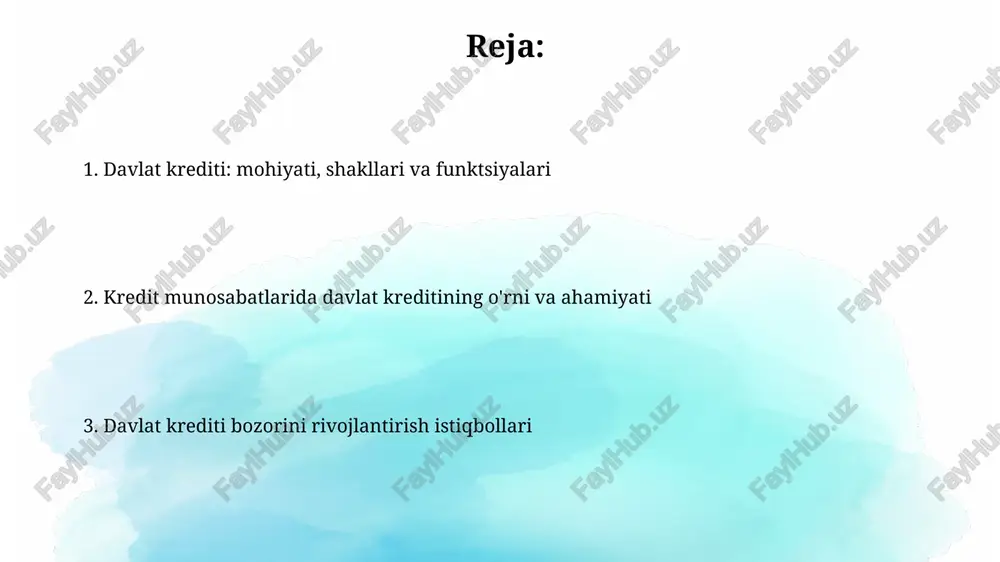 arzni restrukturizatsiya qilish muddati uzaytirilishi yoki foiz stavkalari o'zgarishi bilan davlat qarzini boshqarish usuli hisoblanadi, bu to'lovlarni keyinga qoldirish va likvidlikni yaxshilash imkonini beradi. o'zbekistonda davlat kreditining rivojlanish tendentsiyalari o'zbekistonda davlat kreditining rivojlanishi 2017-yildan so'ng sezilarli o'sishni ko'rsatdi, bu davrda iqtisodiy islohotlar davlat investitsiya dasturlarini faollashtirdi. davlat kreditining asosiy tendentsiyasi infratuzilma loyihalarini moliyalashtirishga qaratilgan bo'lib, bunda transport, energetika va kommunikatsiya sohalariga katta miqdorda mablag' yo'naltirilmoqda. davlat kreditining samaradorligini baholash va istiqbollari davlat kreditining samaradorligini baholashda 3 ta asosiy ko'rsatkich: byudjetga ta'siri (misol uchun, 10% ga kamayish), iqtisodiy o'sish (yaimning 2-3% ga oshishi) va ijtimoiy natijalar hisobga olinadi. kelajakda davlat kreditidan foydalanishning istiqbollari: investitsiya loyihalarini (masalan, 75% qishloq xo'jaligi) moliyalashtirish va importni kamaytirish, eksportni rag'batlantirish imkoniyatlari mavjud. e'tiboringiz uchun rahmat image3.jpg image4.jpg image5.jpg image6.jpg image7.jpg image8.jpg image9.jpg image1.png