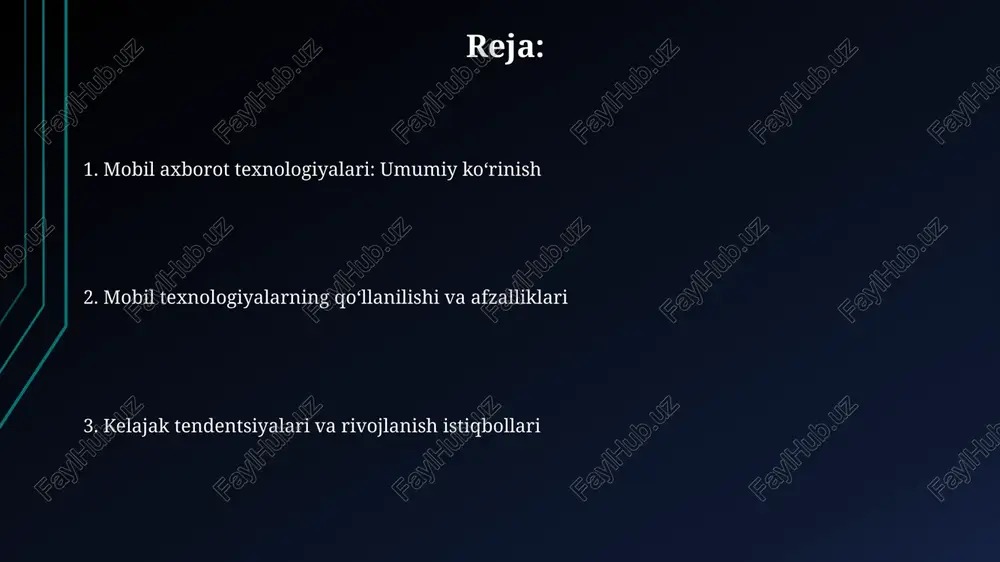 at yaratadi. 5g tarmoqlari millisekundli kechikish bilan 10 gbit/s dan ortiq tezlikni qo'llab-quvvatlaydi va iot qurilmalari, avtonom transport va virtual reallik uchun yangi davrni ochadi. mobil xavfsizlik va maxfiylik mobil qurilmalarda shaxsiy ma'lumotlar himoyasi uchun 2 faktorli autentifikatsiya (2fa) muhim. bu sms kodlari yoki autentifikator ilovalari orqali qo'shimcha xavfsizlik qatlamini yaratadi. mobil xavfsizlikda virtual private network (vpn)lardan foydalanish tavsiya etiladi. vpnlar 128-bit yoki 256-bit shifrlash orqali internet trafigini himoyalab, maxfiylikni oshiradi. mobil to'lov tizimlari mobil to'lov tizimlari qr kodlaridan foydalanishni o'z ichiga oladi, bunda foydalanuvchilar to'lovni amalga oshirish uchun smartfonlari bilan kodni skanerlashadi. bu tranzaktsiyalarning tez va kontaktsiz usulini ta'minlaydi. nfc (near field communication) texnologiyasi mobil to'lovlarda muhim rol o'ynaydi, foydalanuvchilarga terminalga telefonlarini tegizish orqali 4 sm gacha bo'lgan masofada to'lovlarni amalga oshirishga imkon beradi. mobil marketing va reklama mobil marketingda 70% foydalanuvchilar reklama bilan o'zaro aloqada bo'lgandan so'ng, 1 soat ichida xarid qilishadi, bu esa tezkorlikni ko'rsatadi. sms marketing …