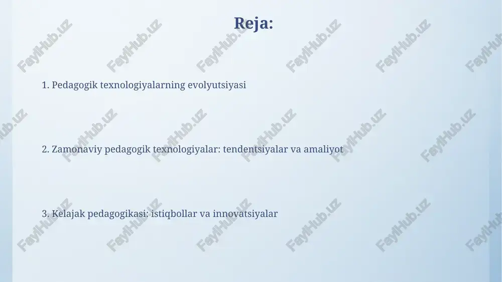 lari va kamchiliklari pedagogik texnologiyalarning afzalligi – bu 20% gacha o’quv materialini tezroq o’zlashtirish imkoniyati, lekin kamchiligi – individual yondashuvning 30% gacha kamayishi kuzatilishi mumkin. texnologiyalarning foydasi – bu 45% gacha resurslarga qulay kirishni ta’minlashi, ammo kamchiligi – kompyuter savodxonligining past darajasi tufayli 15% gacha muammolar yuzaga kelishi. pedagogik texnologiyalarning kelajagi va istiqbollari kelajakda moslashuvchan ta'lim platformalari rivojlanadi, ular har bir o'quvchining 100% shaxsiy ehtiyojlariga moslashtirilgan sun'iy intellektga asoslangan individual o'quv yo'nalishlarini taklif qiladi. kengaytirilgan va virtual reallik (xr/vr) 2030-yilgacha sezilarli o'sishni ko'rsatadi, 3d simulyatsiyalarni yaratadi va ta'limda amaliy tajribani kuchaytiradi, fan va texnologiya sohalarida ayniqsa foydali bo'ladi. e'tiboringiz uchun rahmat image4.png image6.jpg image7.jpg image8.jpg image9.jpg image10.jpg image11.jpg image3.jpeg