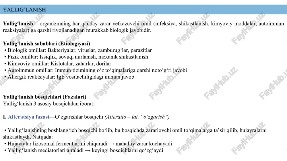 “ko‘payish”) agar organizm yallig‘lanish sababini bartaraf qilsa, regeneratsiya jarayoni boshlanadi: • fibroblastlar faollashadi → kollagen sintezlanadi • angiogenez (yangi qon tomirlar shakllanishi) boshlanadi • epitelizatsiya orqali shikastlangan to‘qima tiklanadi yallig‘lanishning asosiy belgilari: 1. rubor (qizarish) – vazodilatatsiya natijasida 2. calor (isitma) – prostaglandinlar ta’sirida termoregulyatsiya markazi faollashishi 3. dolor (og‘riq) – bradikinin va prostaglandinlar neyronlarga ta’siri natijasida 4. tumor (shish) – suyuqlik va hujayralarning to‘qimalarga o‘tishi sababli 5. functio laesa (funksiya yo‘qolishi) – shish va og‘riq natijasida funksiyaning buzilishi fosfolipidlar arahidon kislotasi siklooksigenaza (cox)lipooksigenaza (lox) fosfolipaza a2 prostaglandinlar va tromboksanlar leykotrienlar fosfolipaza a2 (pla2) yalligʻlanish jarayonida muhim rol o'ynaydi. uning asosiy vazifasi hujayra membranasidagi fosfolipidlarni parchalash orqali yalligʻlanish mediatorlarini ishlab chiqarishni boshlashdir. pla2 ning yalligʻlanishdagi ishtiroki quyidagicha: 1. arahidon kislotasini ajratish: • pla2 hujayra membranasidagi fosfolipidlardan arahidon kislotasini ajratib chiqaradi. • arahidon kislota — yalligʻlanishning boshlangʻich materiali hisoblanadi. 2. arahidon kislotasi metabolizmi: arahidon kislotasi ikki asosiy yoʻnalishda metabolizmga uchraydi: • …