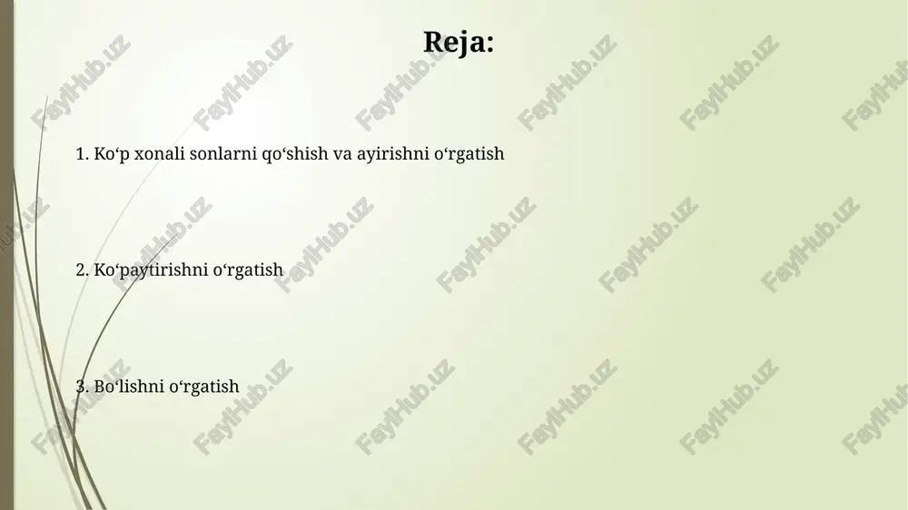 tirish, qoʻshishda xonalar yigʻindisi 9 dan katta boʻlganda zarur. oʻnliklarni oʻtkazish, masalan, 47 + 25 ni qoʻshganda 7 + 5 = 12 boʻlib, 10 birlik 1 oʻnlikka oʻtkaziladi, natijada oʻnliklar xonasida 1 qoʻshiladi. qayta guruhlash bilan qoʻshish va ayirish boʻyicha amaliyot qayta guruhlash bilan qoʻshishda, 10 birlik bir oʻnlikka almashtiriladi. masalan, 15 soni 1 oʻnlik va 5 birlik sifatida qayta guruhlanadi. bu 37+15 kabi misollarni yechishda yordam beradi. qayta guruhlash orqali ayirishda, agar birliklar yetarli boʻlmasa, oʻnlikdan 10 birlik olinadi. misol uchun, 42-28 misolida, 2 dan 8 ni ayirib boʻlmagani uchun, 4 oʻnlikdan 1 oʻnlik olinadi. koʻpaytirish va boʻlishni oʻrgatish: kirish ko'paytirish, bu bir xil sonni bir necha marta qo'shishning tezkor usuli, masalan, 3 x 4 = 12 degani 3 ni 4 marta qo'shsak 12 hosil bo'ladi. bo'lish, bu bir sonni teng qismlarga ajratish jarayoni; masalan, 20 ni 5 ga bo'lsak, har bir qismda 4 ta bo'ladi, chunki 5 x …