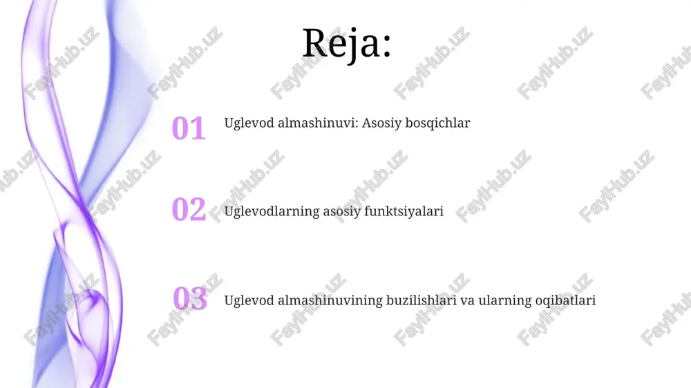 glyukoza molekulasi asta-sekin parchalanib, oʻnta reaksiyada energiya ajratadi; ulardan baʼzilari energiya sarflasa, boshqalari energiya ishlab chiqaradi. krebs sikli (limon kislotasi sikli) krebs siklida 8 ta asosiy bosqich mavjud bo'lib, har bir bosqichda ma'lum fermentlar ishtirok etadi, masalan, sitrat sintaza va akonitaza, bu esa energiya ishlab chiqarish uchun juda muhimdir. sikl davomida 2 molekula karbonat angidrid (co2) hosil bo'ladi, shuningdek, 3 molekula nadh va 1 molekula fadh2 reduksiya qilinadi, ular elektron tashish zanjiriga energiya tashuvchilari sifatida kiradi. krebs sikli mitoxondriy matrixida sodir bo'ladi va glikolizdan keyin piruvatni asetil-koaga aylantirish orqali boshlanadi, bu siklning boshlang'ich moddasi hisoblanadi. elektron transport zanjiri va oksidlanish fosforlanishi oksidlanish fosforlanishi jarayonida atp sintaza fermenti proton gradientidan foydalanib, adp va anorganik fosfatdan atp sintez qiladi, bu jarayon har bir nadh uchun taxminan 2.5 atp hosil qiladi. elektron tashish zanjiri mitoxondriya ichki membranasida joylashgan bo'lib, nadh va fadh2 dan elektronlarni qabul qilib, kislorodga o'tkazadi va natijada proton gradienti hosil …