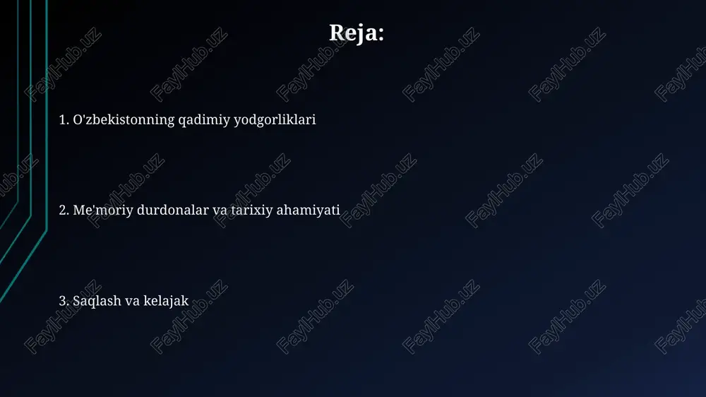 vatani shahrisabz, 14-asrda amir temurning tug'ilgan joyi bo'lgan, bu uning siyosiy va madaniy ahamiyatini oshirgan. u bu shaharda ulkan obidalar qurdirgan. oqsaroy saroyi, 1380-1404 yillarda qurilgan, amir temurning hokimiyatini namoyish etuvchi monumental inshoot bo'lib, uning ulkan darvozalari va mozaikalari hayratlanarli. termiz: buddaviylik markazi termiz eramizning i-ii asrlarida kushon podsholigi davrida muhim buddaviy markazga aylandi, fayoztepa va qoratepa kabi yirik monastirlar bunyod etildi. milodiy iii-v asrlarda termiz buddaviylik ta’limoti va madaniyatining gullab-yashnagan davrini boshidan kechirdi, bu davrda minglab rohiblar shu yerda yashab, ta’lim olgan. yodgorliklarni saqlash va tiklash yodgorliklarni saqlashda 1978-yilgi venetsiya xartiyasi muhim ahamiyatga ega bo'lib, unda materiallarni mustahkamlash va tuzatishning konservatsiya tamoyillari belgilangan. unesconing jahon merosi ob'ektlarini saqlash bo'yicha konventsiyasi, 1972-yilda qabul qilingan, o'zbekiston uchun madaniy yodgorliklarni muhofaza qilishda xalqaro hamkorlikni ta'minlaydi. o'zbekiston madaniy merosining ahamiyati o‘zbekiston madaniy merosi 3000 yildan ortiq tarixga ega bo‘lib, turli imperiyalar, jumladan, amir temur davridagi me’morchilik yodgorliklarini o‘z ichiga oladi. madaniy merosni saqlash …
