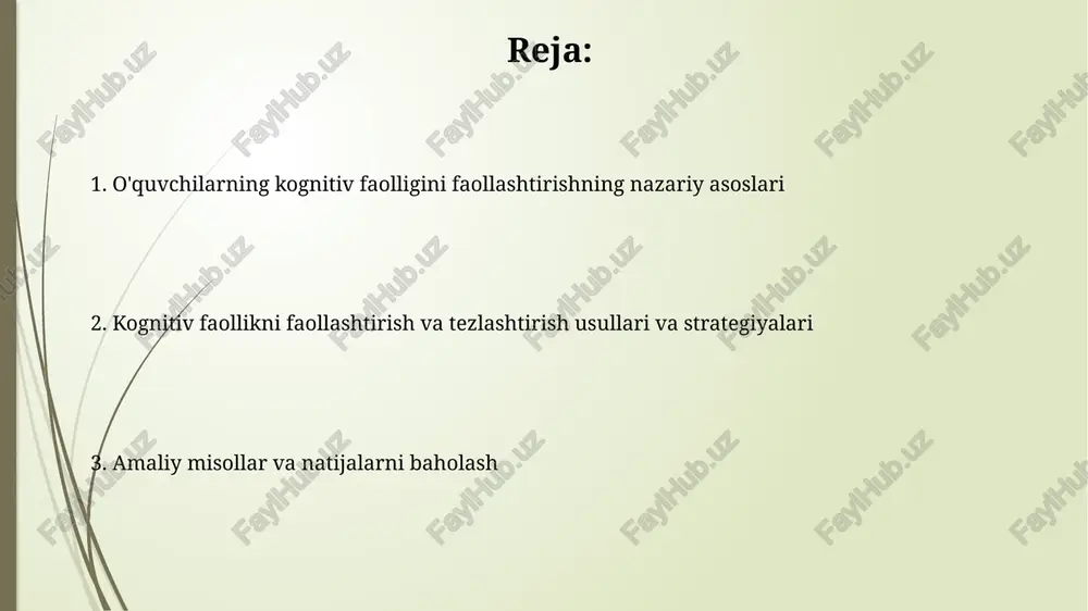 rning individual xususiyatlarini hisobga olgan holda, har bir o'quvchining qobiliyatiga mos keladigan, 10-15% ga tezroq sur'atda o'qitishni nazarda tutadi. o'quvchilarni kognitiv faollashtirish usullari muammoli o'qitish, 5e modeli kabi, talabalarni muammolarni hal qilish va o'rganishga faol jalb qilib, kognitiv jarayonlarni rag'batlantiradi va bilim olish tezligini oshiradi. guruhli ish usullari, masalan, 'aqliy hujum' va 'jigsaw', talabalarni fikrlashga, bahslashishga va bir-biridan o'rganishga undaydi, kognitiv rivojlanishni tezlashtiradi. kognitiv jarayonlarni tezlashtirish strategiyalari “chunking” usuli orqali ma’lumotlarni kichik, boshqariladigan qismlarga ajratish, xotirani yaxshilash va 7±2 qismlik optimal kognitiv yukni saqlashga yordam beradi. intervalli takrorlash texnikasi, ma’lumotni eslab qolish vaqtini optimallashtiradi, uning miyada saqlanish muddatini 20% ga oshirib, unutish egri chizig'ini bartaraf etadi. darsda kognitiv faollikni rag'batlantirish darsda kognitiv faollikni rag'batlantirish, o'quvchilarning 5 ta sezgi organlarini (ko'rish, eshitish, hidlash, ta'm bilish, teginish) faollashtirish orqali bilim olish samaradorligini oshiradi. kognitiv faollikni oshirish uchun interfaol metodlardan (munozaralar, loyihalar, guruhli ishlar) foydalanish, o'quvchilarning 7 xil intellektini rivojlantirishga yordam beradi. baholash …