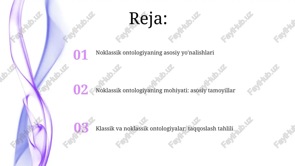 bois 3-darajali aloqa muhim. vaqt, makon va sababiyatning qayta koʻrib chiqilishi eynshteynning nisbiylik nazariyasi makon va vaqtning 4-o'lchovli fazoda birlashuvini ko'rsatadi va sababiyatning nisbiyligini ta'kidlaydi. vaqt, makon va sababiyatning qayta ko'rib chiqilishi kvant mexanikasida noaniqlik prinsipiga olib keladi, bu erda 1-holat aniq o'lchanmaydi. non-klassik ontologiyaning asosiy yoʻnalishlari birinchidan, noan'anaviy ontologiya dinamik tizimlar va o'zgarishlarga e'tibor qaratadi, deterministik modellar o'rniga 1. tartibsizlik nazariyasi va 2. ehtimollik yondashuvlarini qabul qiladi. ikkinchidan, noan'anaviy ontologiya obyektlar o'rtasidagi 3. bog'lanishlarga va 4. munosabatlarga katta ahamiyat beradi, ularning o'ziga xos xususiyatlaridan ko'ra, 5. tuzilmalarning shakllanishini ta'kidlaydi. xulosa: non-klassik ontologiyaning ahamiyati va istiqbollari noziklik ontologiyasi xxi asrda fan va falsafaning rivojlanishiga moslashish, murakkab tizimlarni tushunishda muhim ahamiyatga ega. klassik bo'lmagan ontologiya kelajakda kvant mexanikasi, kosmologiya va axborot texnologiyalari kabi sohalarda yangi tadqiqot yo'nalishlarini ochishi mumkin. e'tiboringiz uchun rahmat image4.png image5.jpg image6.jpg image7.jpg image8.jpg image9.jpg image10.jpg image11.jpg image1.jpeg image2.jpeg image3.jpeg