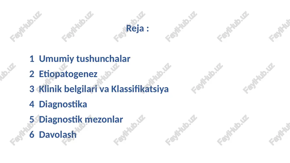 hirish) -psixoterapiya -lfk -sog’lom turmush tarzi parkinson kasalligini davolash farmakoterapiya ikki yo'nalishda bo'lishi kerak: nigrostriatal neyronlarda neyrodegenerativ jarayonning to'xtatilishi – 1.neyroprotektorlar bilan davolash biokimyoviy muvozanatni normallashtirish – 2.simptomatik terapiya zamonaviy antiparkinsonik dori vositalari 48 parkinsonizm (erta bosqich) dopamin almashinuvini va neyroprotektorlarni normallashtiradigan dorilar. mao-b ingibitorlari (rasagilin 1 mg, uzoq vaqt davomida ertalab 1 tabletka). monoterapiya tavsiya etiladi, ya'ni amantadinlar, trisiklik antidepressantlar va antixolinestarazalarsiz. kvanil 1000 mg 100,0 - 0,9% natriy xlorid eritmasida kuniga 2 marta 10 kun davomida vinposetin 2,0 + nacl 0,9% - 200,0 tomir ichiga tomchilatib yuboriladi n 10, keyin vinpotsetin-forte 10 mg, 3 oy davomida ovqat paytida kuniga 3 marta 1 tabletka. vit. b6 5% 1,0 mushak ichiga 2 marta no 1, keyin 2,0 vena ichiga kuniga 2 marta no 20; maviks 20 mg mushak ichiga 1 oy. massaj № 10 akupunktur iglaterapiya№ 10. psixoterapiya, autogenik trening. fizioterapiya, yurish, sport zali. harakat funksiyasi buzilganda amantadin vena ichiga …