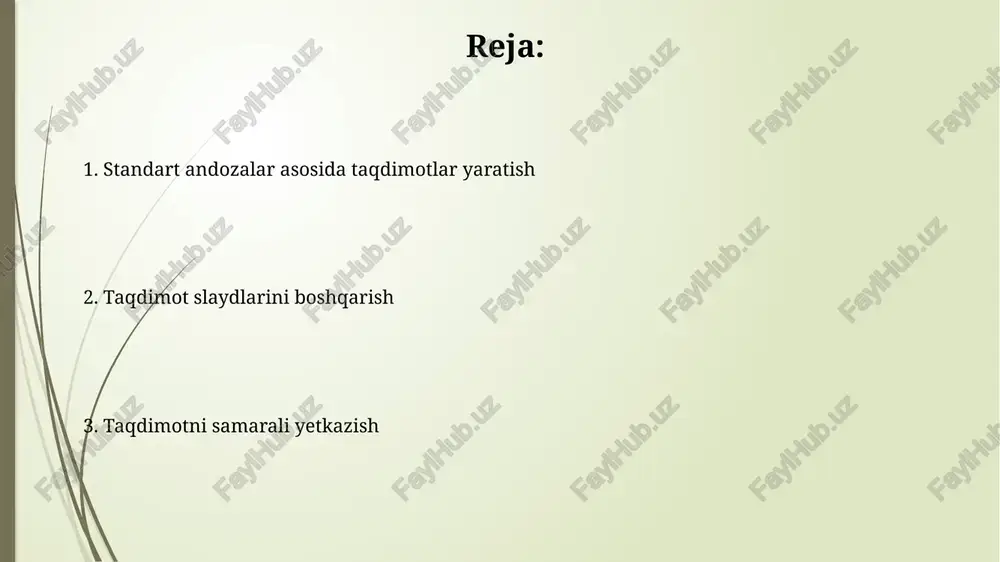 ing vizual joylashuvini optimallashtirish uchun. slaydlarni guruhlash maqsadida, bo'limlardan (section) foydalaning. masalan, "kirish", "asosiy qism 1", "asosiy qism 2" va "xulosa" kabi bo'limlar yaratish, taqdimotning mantig'ini oshiradi. slaydlarni nusxalash, ko'chirish va o'chirish slaydlarni nusxalash ctrl+c (nusxalash) va ctrl+v (joylashtirish) klavishlari yordamida amalga oshiriladi, bu sizga mavjud dizayn elementlarini saqlab qolishga yordam beradi. slaydlarni ko'chirish uchun ctrl+x (kesib olish) va ctrl+v (joylashtirish) klavishlaridan foydalaning, bu esa slaydni asl joyidan yangi joyga o'tkazish imkonini beradi. slaydlar dizaynini moslashtirish slayd fon ranglarini, shriftlar va grafik elementlarni moslashtirish orqali, brendingizning vizual identifikatorini ta'minlang. ral rang kodlaridan foydalanib, uyg'unlikka erishing. slayd masteridan foydalanib, barcha slaydlaringiz uchun umumiy maket, shriftlar va logotiplarni bir marta sozlang. bu, vaqtni tejash va bir xillikni ta'minlash uchun muhimdir. animatsiya va o'tishlarni qo'llash animatsiyalar elementlarni dinamik tarzda paydo bo'lishi, harakatlanishi yoki yo'qolishiga yordam beradi, masalan, 2d diagrammani qadam-baqadam ochish uchun 'paydo bo'lish' animatsiyasi. o'tishlar slaydlar orasidagi silliq o'zgarishlarni ta'minlaydi, masalan 'yo'qolish' …
