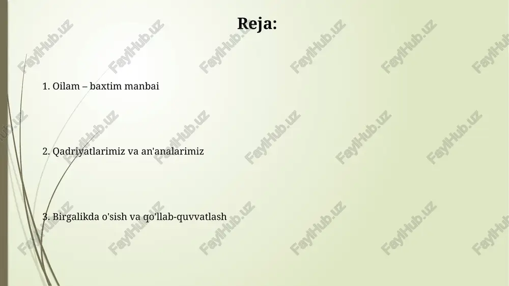 tga erishish imkoniyatini oshiradi. oilaviy an'analarimiz har yili navro'zda, 21-mart kuni, oilamiz katta osh tayyorlaydi, bu marosimda 7 nafar qarindosh urug'imiz birgalikda qatnashib, qo'shiq aytamiz. oila a'zolarimiz har juma kuni soat 19:00 da yig'ilib, hafta davomidagi muhim voqealarni muhokama qilamiz va birgalikda 3 ta dolzarb muammoni hal qilamiz. birgalikdagi vaqtning qadri birgalikdagi vaqtning qadri har bir daqiqada namoyon bo'ladi, chunki u oila a'zolari o'rtasida 7 yildan ortiq bo'lgan mustahkam aloqalarni yaratish uchun imkoniyatdir. oilaviy oqshomlarda 30 daqiqa davomida umumiy mavzularda suhbatlashish, har bir a'zoning shaxsiy rivojlanishiga va 10 yil ichida o'zaro hurmatning mustahkamlanishiga yordam beradi. qiyinchiliklarni yengish qiyinchiliklarni yengishda 7 qadamdan iborat strategiya qo'llash, jumladan, vaziyatni tahlil qilish, maqsadlarni belgilash va 3 ta muqobil yechimni ishlab chiqish juda muhim. oilaviy qiyinchiliklarni bartaraf etish uchun ochiq muloqotning 5 ta asosiy usulidan foydalanish, xususan, faol tinglash va 2 tomonlama hurmatni namoyon etish zarur. oilaviy qo'llab-quvvatlash oilaviy qo'llab-quvvatlash 70% hollarda stressni kamaytiradi, bu …