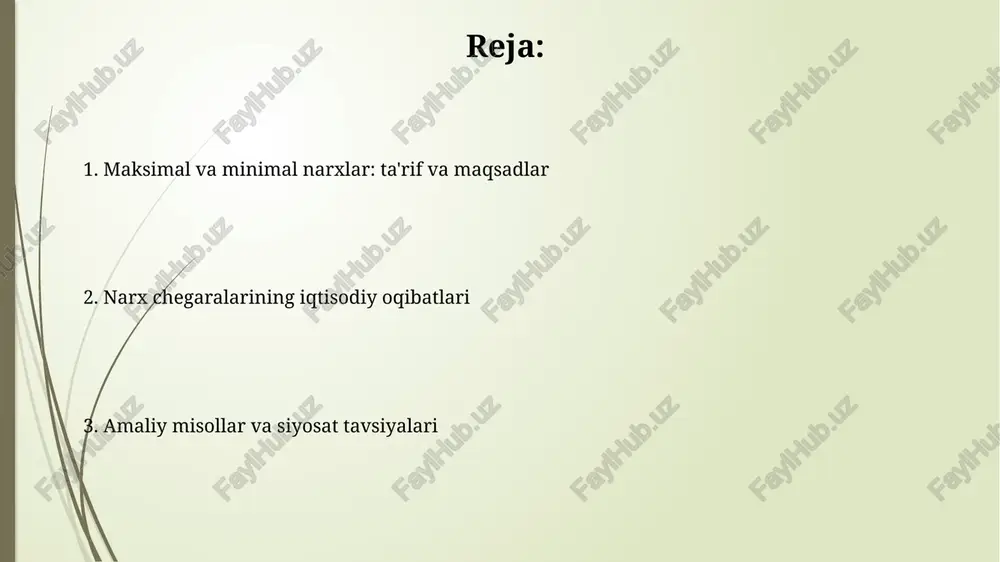 h imkoniyatiga ega bo'lmaydi. minimal narxlar: ishlash mexanizmi minimal narxlar dehqonchilik mahsulotlari kabi tarmoqlarda qo'llaniladi, bu erda 100% bozor narxi ba'zan ishlab chiqarish xarajatlarini qoplay olmaydi, davlat aralashuvini talab qiladi. ushbu siyosat bozorda muvozanat narxidan yuqori 15-20% miqdorda narx belgilashni o'z ichiga oladi, natijada ortiqcha taklif paydo bo'ladi va davlat xarid qilishga majbur bo'ladi. maksimal narxlar: afzalliklari maksimal narxlar asosiy mahsulotlar arzonroq bo'lishini ta'minlaydi, ayniqsa iqtisodiy tanqislik davrida, 10-30% gacha kambag'al iste'molchilar uchun muhim yordam beradi. o'rnatilgan maksimal narxlar inflyatsiyani nazorat qilishga yordam beradi; hukumat 5-15% gacha narxlarni cheklash orqali iqtisodiy barqarorlikni saqlashga harakat qiladi. maksimal narxlar: kamchiliklari maksimal narxlar qora bozorning rivojlanishiga olib kelishi mumkin, bu erda mahsulotlar yuqori narxlarda noqonuniy sotiladi, bu esa adolatli taqsimot tamoyilini buzadi va 10-20% foydani ko'zlaydi. maksimal narxlar taklifning qisqarishiga olib keladi, chunki ishlab chiqaruvchilar 30% dan ortiq foyda ololmasliklari sababli mahsulot ishlab chiqarishdan voz kechishlari mumkin, bu esa tanqislikni keltirib chiqaradi. minimal …