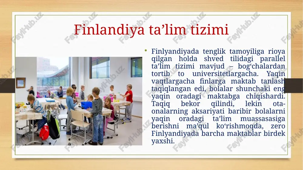 tijalarning pasayish va osiyo mamlakatlari (shanxay, gonkong, tayvan, singapur, yaponiya, janubiy koreya)ning reytingi o‘sishi tendensiyasini kuzatish mumkin bo‘lsa-da, finlyandiya baribir yuqori o‘rinlarni egallagan. pisaning 2000−2018 yillardagi tadqiqotlari bo‘yicha finlyandiya natijalari. qavs ichida mamlakatning reytingdagi o‘rni ko‘rsatilgan. 2000 2003 2006 2009 2012 2015 2018 o‘qish savodxonligi 546 (1) 543 (1) 547 (2) 539 (3) 524 (6) 526 (4) 520 (7) matematik savodxonlik 536 (5) 544 (2) 548 (2) 541 (6) 519 (12) 511 (12) 507 (16) tabiiy-ilmiy savodxonlik 538 (4) 548 (1) 563 (1) 554 (2) 545 (5) 531 (5) 522 (6) finlandiyada maktab o‘qituvchilari magistr darajasida bo‘lishi zarur.ularga to‘laligich erkinlik berilgan va to‘siqlar qo‘yilmaydi. ta’lim jarayoni to‘laligicha steam ta’lim texnologiyasi va xalqaro baholash dasturlariga asosida tashkil etilgan. shu boisdan fin tajribasi ommalashgan. o‘zbekiston ta’lim tizimi haqida bizning ta’lim tizimimiz fin ta’lim modelidan farqli ravishda tabaqalashtiriladi. o‘quvchilarning qobiliyatlari hisobga olinadi. iqtidorli yoshlarni yanada rivojlantirish uchun prezident, ijod va maxsus-internat maktablari tashkil …