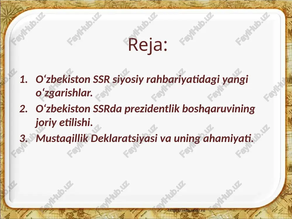 eklaratsiyasi o‘zbekiston milliy davlat mustaqilligining huquqiy va siyosiy asoslarini yaratish uchun katta xizmat qildi. 14-dekabrda o‘zbekiston ssr tarkibidagi qoraqalpog‘iston assr suvereniteti to‘g‘risida deklaratsiya qabul qilindi. o‘zbekistondagi bunday voqealar hamda sovet ittifoqi tarkibidan 1990-yil mart – may oylarida litva, latviya va estoniyaning chiqib ketishi sssrning davlat butunligiga jiddiy ta’sir ko‘rsatdi. o‘zbekiston o‘zini sssrdan mustaqil deb e’lon qildi. 1991-yil 31-avgustda o‘zbekiston respublikasi oliy kengashining o‘n ikkinchi chaqiriq navbatdan tashqari vi sessiyasida o‘zbekiston respublikasining davlat mustaqilligi to‘g‘risida prezident i.a.karimovning ma’ruzasi tinglandi. o‘zbekiston respublikasi tinch parlament yo‘li bilan o‘zining mustaqil davlatchiligiga qayta erishdi. bu nodir voqea kamida 3500 yillik o‘tmishga ega o‘zbek xalqi va davlatchiligi tarixiga zarhal sahifalar bo‘lib yozildi. image2.gif image3.jpeg image4.jpeg image5.jpeg image6.jpeg image7.jpeg image8.jpeg image9.jpeg image10.jpeg image11.jpeg image12.png image13.jpeg image14.jpeg image15.png image1.jpeg /docprops/thumbnail.jpeg