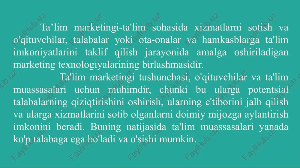 garuvchanliklarga kuchli ta'sir qilishlari bilan mikro muhitning asosiy faktorlari hisoblanadi. ota-ona va talabalarning talabalarni tanlash usullari, ularning maqsadlari, istaklari va talabalar uchun taklif qilingan imkoniyatlar marketing strategiyalarining asosiy elementlari sifatida ishlaydi. o'qituvchilar: o'qituvchilar ham mikro muhitning muhim ahamiyatiga ega bo'ladi. ular ta'lim jarayonida kelajakdagi liderlikka ega bo'ladi va ularning motivatsiyasi, qiziqishlari va xodimlik tarzi talabalar uchun muhimdir. konkurentsiya: mikro muhitda mavjud konkurentsiya ham marketing strategiyasini belgilashda aham ahamiyatga ega. mikro muhitning ta'lim marketingiga etkisi quyidagi ko'rinishlarda bo'ladi: muhitning ahamiyati ta'lim marketingida juda katta ahamiyatga ega. muhitning tahlili va aniqlanishi, ma'lumotlar, statistikalar va boshqa ma'lumotlarni olishda yordam beradi. muhit tahlili, bajaruvchilar tomonidan istalgan ta'lim muassasasiga qanday munosabatlar bo'lishini bilishga imkon beradi. muhitning barcha bu faktorlarini tahlil qilish va ulardan foydalanish ta'lim markazining marketing strategiyalarini belgilash va yo'l harakatini aniqlashda juda muhimdir. protsess vvedite svoy tekst zdes vvedite svoy tekst zdes vvedite svoy tekst zdes vvedite svoy tekst zdes vvedite svoy tekst …