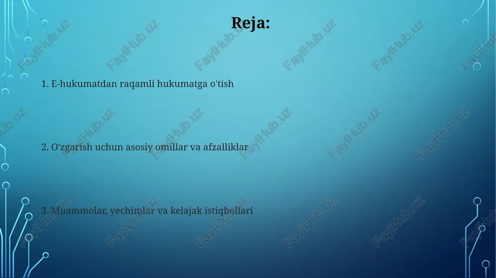 rdam beradi. muvaffaqiyatli raqamli hukumat strategiyalari va misollar estoniyaning 'x-yo'l' platformasi ma'lumotlar almashinuvini markazlashtiradi, 99% davlat xizmatlarini onlayn qiladi, xavfsizlikni ta'minlaydi va byurokratiyani kamaytiradi. janubiy koreyaning 'government 3.0' tashabbusi fuqarolar ishtirokini oshiradi, shaffoflikni kuchaytiradi va xizmatlarni moslashtiradi, 80%dan ortiq aholi onlayn xizmatlardan foydalanadi. o'zbekistonda raqamli hukumatga o'tish yo'llari 2017-2021 yillarda o‘zbekistonni rivojlantirishning beshta ustuvor yo‘nalishi harakatlar strategiyasi raqamli hukumat tizimiga o'tishning muhim dasturiy asosi bo'ldi. o'zbekistonda "raqamli o'zbekiston – 2030" dasturi doirasida 500 dan ortiq axborot tizimlari va elektron xizmatlar joriy etilib, davlat xizmatlarining sifatini oshirishga qaratilgan. xulosa va kelajak istiqbollari "raqamli hukumatga o'tish 2030" strategiyasi davlat xizmatlarini 85%gacha avtomatlashtirishni maqsad qiladi, sun'iy intellekt va katta ma'lumotlarni tahlil qilish orqali optimallashtirishni rejalashtiradi. blokcheyn texnologiyasi va xavfsizlik protokollarini takomillashtirish orqali shaxsiy ma'lumotlar himoyasini 99.9%ga yetkazish va kiber xavfsizlikni mustahkamlash, shaffoflikni oshirish ko'zda tutilgan. e'tiboringiz uchun rahmat image3.png image4.jpg image5.jpg image6.jpg image7.jpg image8.jpg image9.jpg image10.jpg image1.png