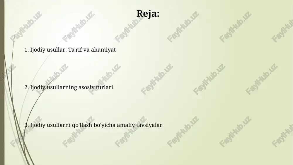 i bu ijodiy jarayonni to'xtatadi, erkin fikrlash rag'batlantiriladi. lateral fikrlash lateral fikrlash, 1967-yilda edvard de bono tomonidan kiritilgan, muammoni yechish uchun an'anaviy, qadam-baqadam usullardan tashqari yangi yo'nalishlarni qidirishga qaratilgan. ushbu jarayon "thinking outside the box" iborasi bilan bog'liq. u gorizontal fikrlash sifatida ham tanilgan, bunda asosiy maqsad muammoni yechish uchun turli xil nuqtai nazarlarni o'rganish va odatda qabul qilinmaydigan 360 daraja atrofidagi yechimlarni topish hisoblanadi. altshullerning ixtirochilik vazifalarini yechish nazariyasi (triz) triz 40 ta ixtirochilik prinsipidan foydalanadi, ular muammolarni hal qilishda yordam beradi. bu prinsipial yechimlar yaratish uchun qarama-qarshiliklarni bartaraf etishga qaratilgan. triz 39 ta muhandislik parametrini tahlil qilib, mos keladigan qarama-qarshilikni aniqlashga yordam beradi. bu parametrlar orqali muammoning asosiy jihatlarini aniqlash mumkin. scamper texnikasi scamper texnikasi 7 ta so'zdan iborat akronim bo'lib, ular: substitute (o'rnini bosish), combine (birlashtirish), adapt (moslashish), modify (o'zgartirish), put to other uses (boshqa maqsadlarda qo'llash), eliminate (yo'qotish) va reverse (teskarisiga aylantirish). ushbu texnika mahsulot, xizmat …