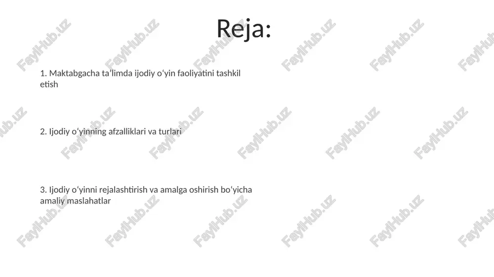 biiy yog'och o'yinchoqlar, sertifikatlangan plastmassa va toksik bo'lmagan bo'yoqlar afzaldir. o'qituvchining roli va vazifalari o'qituvchi 3-6 yoshli bolalar uchun ijodiy o'yin faoliyatlarini tashkil etadi va ularning rivojlanishiga 5 ta asosiy sohada: kognitiv, ijtimoiy, hissiy, jismoniy va til rivojiga yo'naltiradi. o'qituvchi, ijodiy o'yin uchun xavfsiz va rag'batlantiruvchi muhit yaratadi, 7 ta asosiy didaktik prinsipga amal qiladi hamda bolalarning mustaqil fikrlashini va ijodiy ifodasini qo'llab-quvvatlaydi. o'yinni rejalashtirish va tashkil etish o'yin maydonchasini tashkil etishda xavfsizlikni ta'minlash kerak, jumladan, o'tkir qirralar yo'qligi va mos materiallardan foydalanish. o'yinni rejalashtirishda bolaning yoshini hisobga olish muhim, masalan, 3-4 yoshli bolalar uchun sodda, takroriy o'yinlar mos keladi. o'yin jarayonini kuzatish va baholash o'yinni kuzatish orqali bolaning 5 asosiy rivojlanish sohalari (ijtimoiy, emotsional, kognitiv, jismoniy, til) bo'yicha ko'rsatkichlari baholanadi, bu esa o'quv dasturini moslashtirishga yordam beradi. baholashda "o'yin protokoli" kabi kuzatuv vositalaridan foydalanish bolaning faolligi, ijtimoiy o'zaro ta'siri va muammolarni hal qilish qobiliyatlarini aniq qayd etishga imkon beradi. …