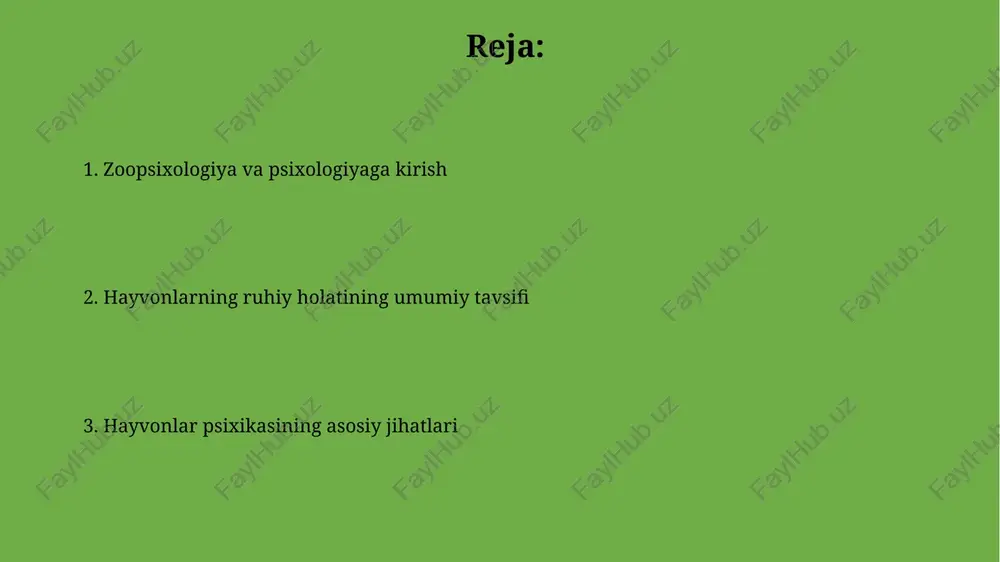 dlash, ta'm bilish va teginish. ular tashqi ta'sirlarni qabul qilib, miyaga ma'lumot yetkazadi, hayvonlarning dunyoni idrok etishiga zamin yaratadi. idrok sezgi ma'lumotlarini qayta ishlash jarayonidir. masalan, itlar 40 hz dan yuqori chastotali tovushlarni eshitishi, insonlarga qaraganda ancha yuqori tovush diapazonini qamrab oladi. xotira va o'rganish xotira, hayvonlarda, masalan, itlarda, shartli reflekslarni shakllantirishda muhim rol o'ynaydi, pavlov tajribalarida tasdiqlanganidek, signal va javob o'rtasida bog'liqlik yaratadi. o'rganish, hayvonlarda, xatolar va yutuqlar orqali xulq-atvorni o'zgartirish qobiliyatidir, bu esa oziq-ovqatni topish va yirtqichlardan qochish kabi muhim vazifalarni bajarishga yordam beradi. his-tuyg'ular va motivatsiya hayvonlardagi his-tuyg'ular, masalan, qo'rquv 1 dan 5 gacha shkala bo'yicha o'lchanishi mumkin, bu ularning stress darajasini aniqlashga yordam beradi. motivatsiya, misol uchun, oziq-ovqatga intilish 75% hollarda muvaffaqiyatli bo'lsa, o'rganish tezligi sezilarli darajada oshishi kuzatiladi. ijtimoiy xulq-atvor va kommunikatsiya ijtimoiy xulq-atvor, jumladan, hamkorlik, altruizm, raqobat va ierarxiya kabi xatti-harakatlar orqali namoyon bo'ladi, bunda 150 ta primatlar guruhlarda murakkab ijtimoiy tuzilmalarni shakllantiradi. kommunikatsiya, …