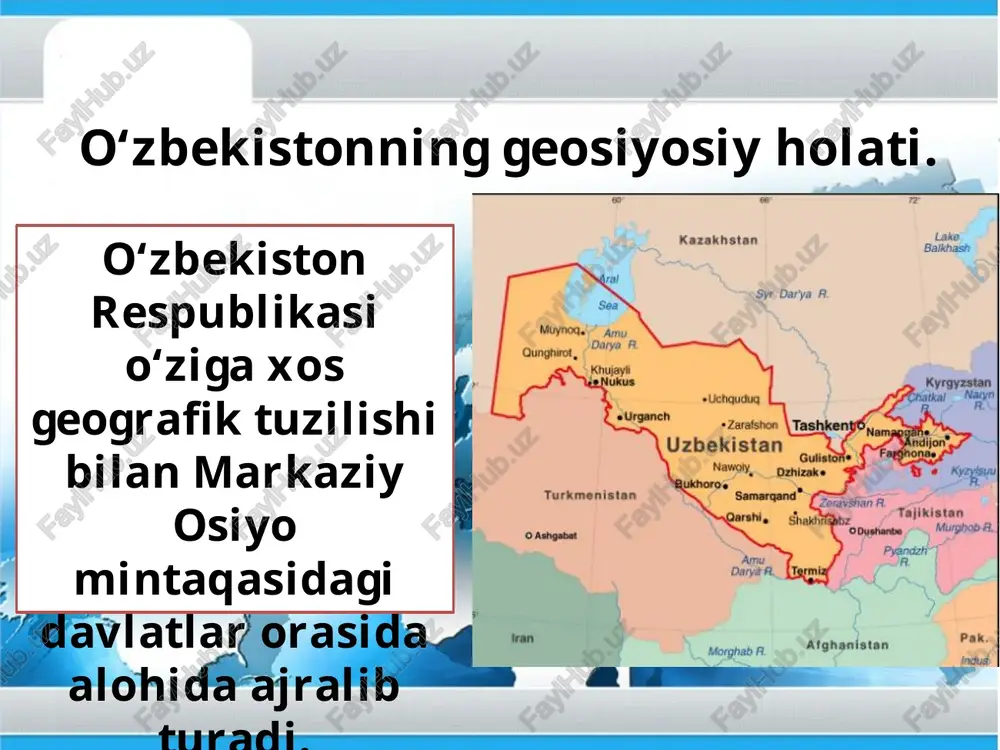 atning elchixonalari, 9 ta faxriy konsullik, 11 ta xalqaro tashkilotlarning vakolatxonalari faoliyat olib bormoqda. 1996-yil “o‘zbekiston respublikasi tashqi siyosiy faoliyatining asosiy prinsiplari to‘g‘risida”gi qonun qabul qilindi. 2012-yil sentabrda o‘zbekiston respublikasining “tashqi siyosiy faoliyati konsepsiyasi” e’lon qilindi. tashqi siyosat tamoyillari. -o‘zbekiston respublikasi tashqi siyosatining asosiy tamoyillari quyidagilardan iborat: mafkuraviy qarashlardan qat’i nazar hamkorlik uchun ochiqlik, umuminsoniy qadriyatlarga, tinchlik va xavfsizlikni saqlashga sodiqlik; -davlatlarning suveren tengligi va chegaralar daxlsizligini hurmat qilish; boshqa davlatlarning ichki ishlariga aralashmaslik; nizolarni tinch yo‘l bilan hal etish; -kuch ishlatmaslik va kuch bilan tahdid qilmaslik; inson huquqlari va erkinliklarini hurmatlash; -ichki milliy qonunlar va huquqiy normalardan xalqaro huquqning umume’tirof etilgan qoidalari va normalarining ustuvorligi. savol va topshiriqlar: 1. quyidagi jadvalni to‘ldiring. o‘zbekistonning geosiyosiy holati haqida, qulay va noqulaylik sabablarini keltiring. 2. qo‘shimcha adabiyotlardan foydalanib, 2018-yil yanvarda prezident shavkat mirziyoyevning o‘zbekistonning xorijiy davlatlardagi elchilari bilan uchrashuvi va unda belgilangan vazifalar bo‘yicha ma’lumot to‘plang. 3. o‘zbekiston tashqi siyosatining tamoyillarini sanab …