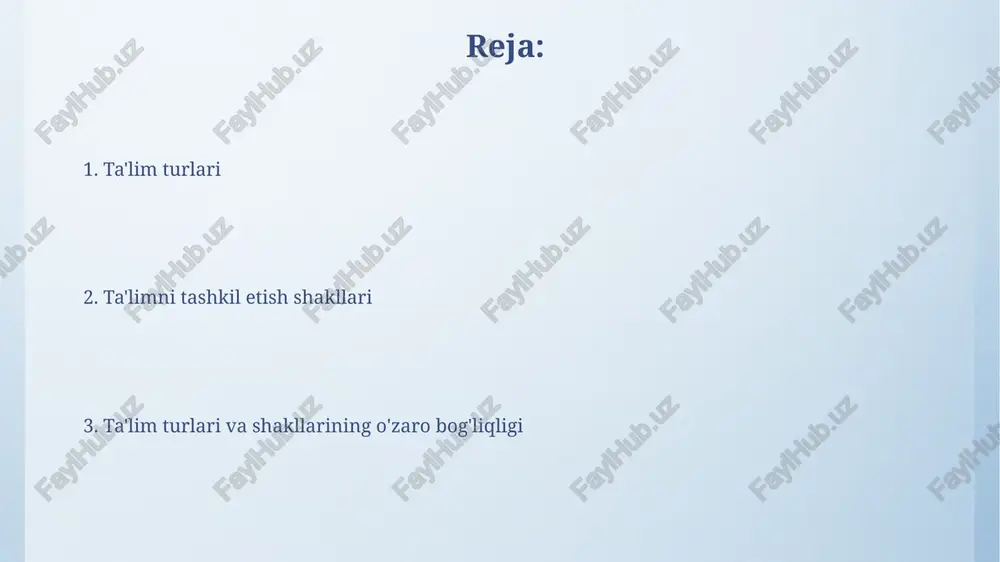 ta'lim maktabgacha ta’lim 3 yoshdan 7 yoshgacha bo‘lgan bolalarni tarbiyalash, ularga ilk bilimlar berish va maktabga tayyorlashga qaratilgan uzluksiz ta’lim tizimining birinchi bosqichidir. ushbu ta’lim turi davlat, nodavlat va xususiy muassasalarda tashkil etilishi mumkin, ularning faoliyati o‘zbekiston respublikasi qonunchiligi va 51-sonli qaror bilan tartibga solinadi. umumiy o'rta ta'lim umumiy o'rta ta'lim 9 yillik majburiy ta'limni o'z ichiga oladi: boshlang'ich ta'lim (1-4 sinflar) va tayanch o'rta ta'lim (5-9 sinflar), asosiy bilim beradi. o'zbekistonda umumiy o'rta ta'lim davlat ta'lim standartlari asosida olib boriladi, bunda o'quvchilarning yosh xususiyatlari hisobga olinadi va turli fanlar integratsiyasi amalga oshiriladi. o'rta maxsus, kasb-hunar ta'limi o'rta maxsus, kasb-hunar ta'limi 9 yillik umumiy o'rta ta'lim negizida 2 yildan kam bo'lmagan muddatda olinadi va ixtisoslik bo'yicha kasb beradi. ushbu ta'lim turi kollejlarda va texnikumlarda tashkil etiladi, ularda davlat grantlari asosida ham, to'lov-kontrakt asosida ham o'qish mumkin. oliy ta'lim oliy ta'lim o'zbekistonda bakalavriat (4 yil), magistratura (2 yil), va doktorantura (3-4 …