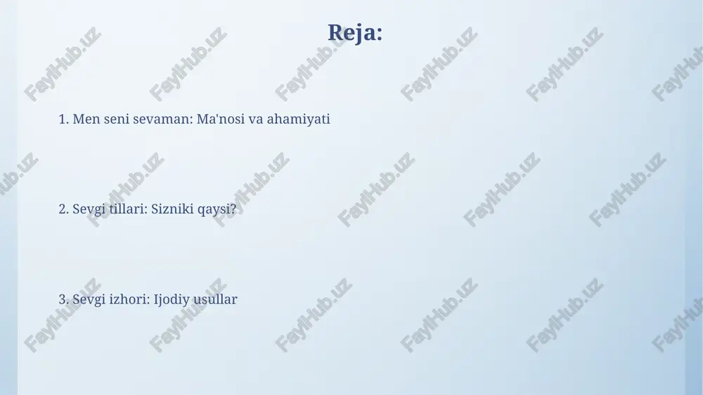 ot kinolar sevgi madaniyatida 1950-yillardagi melodramalardan tortib, 21-asrdagi romantik komediyalargacha bo'lgan turli xil janrlarda hissiy ifodalarni namoyish etadi, odatda idealizatsiyalashgan muhabbatni aks ettiradi. musiqa, ayniqsa pop va balladalar, sevgi madaniyatining muhim qismi bo'lib, 1960-yillardan hozirgi kungacha 100 dan ortiq mashhur qo'shiqlar sevgi, ayriliq va istak kabi mavzularga bag'ishlangan. sevgi tillari: sevgingizni qanday ifoda etasiz? sevgi tillarining asosi – bu har xil odamlar sevgini turlicha qabul qilishi. gary chapman 5 ta asosiy sevgi tilini aniqladi, ularning har biri alohida ahamiyatga ega. «so'zlar» sevgi tilida, “men seni sevaman” kabi 10 ta maqtovlar va tasdiqlar juda muhim. bu usul, qadrlash va minnatdorchilik bilan aloqadorlikni kuchaytiradi. sevgi psixologiyasi: munosabatlar dinamikasi munosabatlardagi sevgi, masalan, "uchburchak sevgi nazariyasi" (sternberg)ga ko'ra, ehtiros, yaqinlik va majburiyatning kombinatsiyasidan iborat bo'lishi mumkin, bu dinamikani shakllantiradi. sevgi munosabatlarining dinamikasi ko'pincha bog'lanish uslublari (xavfsiz, tashvishli, qochuvchan) bilan bog'liq bo'lib, har bir uslub sheriklar o'rtasidagi 70-80% xatti-harakatlarini belgilaydi. sevgi va yo'qotish: qalbingizni davolash …