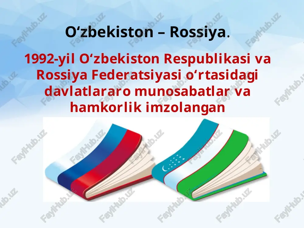 hda bo‘lishi chet el sarmoyasi uchun respublikada yaratilgan shart-sharoitlar to‘g‘risidagi axborot taqchilligini 2017-yil may oyida o‘zbekiston prezidenti shavkat mirziyoyev saudiya arabistoni poytaxti ar-riyod shahrida bo‘lib o‘tgan aqsh va arab-musulmon davlatlari sammitida ishtirok etdi. shavkat mirziyoyev va aqsh prezidenti donald tramp ilk bor uchrashdi. donald tramp davlatimiz rahbari bilan uchrashuvda o‘zbekistonda olib borilayotgan islohotlar jarayonini yuqori baholadi. savol va topshiriqlar: 1. o‘zbekiston qaysi davlatlar bilan strategik sherikchilik to‘g‘risida shartnoma imzolagan? 2. o‘zbekiston–rossiya o‘rtasida qanday shartnomalar imzolangan? 3. o‘zbekiston respublikasi prezidenti shavkat mirziyoyevning 2017-yilda rossiya, xitoy va aqshdagi tashriflarining ahamiyati haqida gapirib bering. 4. rossiya va xitoy davlat rahbarlarining o‘zbekistonga tashrifi hamda o‘zbekiston prezidentlarining yuqoridagi matnda nomlari keltirilgan davlatlarga tashrifi haqida gapiring. 5. o‘zbekistonning strategik sheriklari bo‘lgan davlatlarni eslang! strategik sherik tushunchasini izohlang. 6. quyidagi davlatlarning o‘zbekiston bilan aloqalariga oid ma’lumotlar to‘plang. image2.jpeg image3.jpeg image4.jpeg image5.jpeg image6.gif image7.jpeg image8.jpeg image9.jpeg image10.jpeg image11.jpeg image12.jpeg image13.jpeg image14.jpeg image15.jpeg image16.jpeg image17.jpeg image18.jpeg image19.jpeg image20.jpeg image1.jpeg …