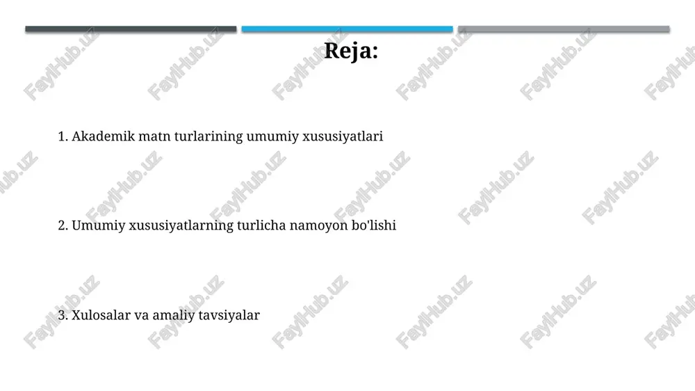 ali namoyon bo'ladi, bu esa argumentlarning ob'ektivligini ta'minlaydi. ob'ektivlik va xolislik ob'ektivlik 100% faktlarga asoslanadi, shaxsiy fikrlardan xoli. xolislik esa ma'lumotlarni 50/50 teng baholashni, manfaatlar to'qnashuvidan qochishni anglatadi. akademik matnlarda ob'ektivlik 95% aniq dalillarga urg'u beradi, xolislik esa 80% turli nuqtai nazarlarni taqdim etish orqali erishiladi. rasmiy til oʻzbekiston respublikasining konstitutsiyasining 4-moddasiga koʻra, oʻzbek tili davlat tili hisoblanadi, bu esa davlat boshqaruvida ustuvorligini taʼminlaydi. 1989-yil 21-oktabrda qabul qilingan “davlat tili haqida”gi qonun oʻzbek tilining huquqiy maqomini belgilab, uning jamiyatdagi rolini mustahkamladi. aniqlik va ravshanlik aniqlik akademik matnda noaniqlikni bartaraf etishni anglatadi, bunda bir xil ma'noni izohlash uchun 100% aniq so'zlar va iboralar qo'llaniladi. ravshanlik matnda murakkab g'oyalarni tushunarli tilda, sodda sintaksis va 90% minimal jargon bilan tushuntirishni nazarda tutadi. iqtibos keltirish va manbalarga murojaat iqtibos keltirishda toʻgʻridan-toʻgʻri (soʻzma-soʻz) iqtiboslar uchun qoʻshtirnoq (" ") ishlatiladi va manba, jumladan, muallif, yil va sahifa raqami (masalan, oripov, 2020, 56-bet) koʻrsatiladi. manbalarga murojaat qilishda …