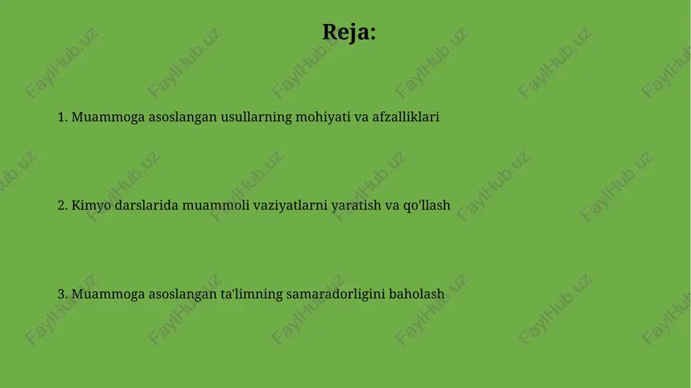 iy kimyoviy tushunchalari va nomutanosibliklarini tushunishga yordam beradi. ikkinchi bosqich - ma'lumot to'plash, talabalar mavzuga tegishli bo'lgan adabiyotlar, ma'lumotlar bazalari va eksperimental natijalarni qidirib topadilar. muammolarni tanlash mezonlari muammoning real hayotiy vaziyatga bog'liqligi, o'quvchilar uchun qiziqarli va motivatsion bo'lishi, ularning kundalik tajribalariga mos kelishi muhim mezonlardan biridir. muammo o'quv dasturiga mos kelishi, kimyoviy tushunchalar va qonuniyatlarni o'z ichiga olishi, o'quvchilarning bilim darajasiga mos kelishi muhim ahamiyatga ega. talabalarning rolini aniqlash talabalar faol o'rganuvchilar sifatida namoyon bo'ladilar, muammolarni tahlil qilishda 70% va hal etishda 30% ishtirok etadilar. ular tadqiqotchilar bo'lib, ma'lumotlarni yig'ish, baholash va sintez qilishda 85% faol bo'ladilar, gipotezalarni ishlab chiqishda 15% qatnashadilar. o'qituvchining roli o'qituvchi muammoli vaziyatlarni yaratadi, talabalarga 10-15 daqiqa ichida tahlil qilish uchun imkon beradi, kimyoviy tushunchalarni amaliyotda qo'llashni rag'batlantiradi. o'qituvchi 2-3 ta asosiy kimyoviy tamoyilga e'tibor qaratadi va talabalarga ularning yechimini 20-25 daqiqa ichida topishda yordam beradigan savollar beradi. baholash usullari kimyoda muammoli ta’limda baholash usullari, …