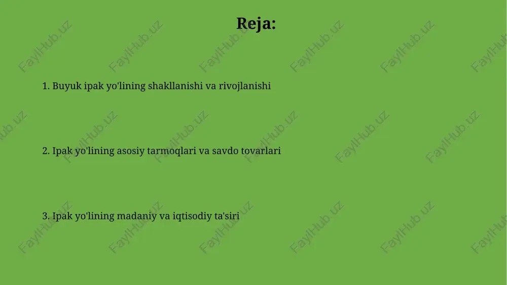 3 va 14-asrlardagi mo'g'ullar istilosi kabi urushlar, ipak yo'li bo'ylab karvon savdosining xavfsizligini sezilarli darajada pasaytirdi. ipak yo'lining merosi ipak yo'li nafaqat savdo, balki buddizm, nasroniylik va islom kabi dinlarning tarqalishiga yordam berdi, bu esa markaziy osiyo madaniyatiga sezilarli ta'sir ko'rsatdi. astronomiya, matematika va tibbiyot sohalarida xitoy, hindiston va yunoniston fanlarining sintezi ipak yo'li orqali amalga oshirildi, bu esa ilm-fanning rivojlanishiga turtki berdi. e'tiboringiz uchun rahmat image2.jpg image3.jpg image4.jpg image5.jpg image6.jpg image7.jpg