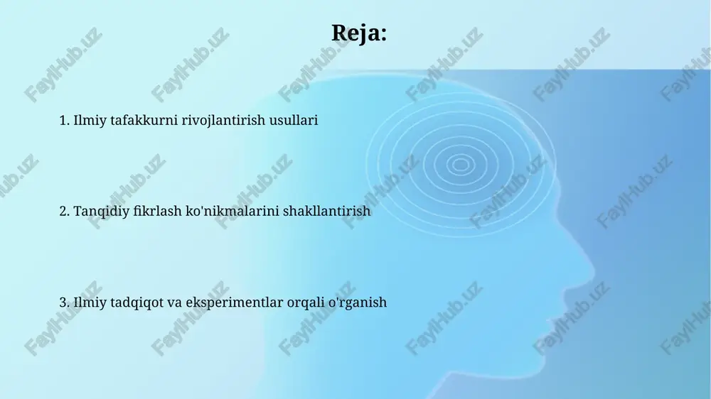 sh, 0.05 dan kichik bo'lsa, nol gipotezani rad etish uchun statistik ahamiyatni ko'rsatadi. regression tahlili, o'zgaruvchilar orasidagi bog'liqlikni baholash uchun ishlatiladi. masalan, 95% ishonch intervali natijalarni aniqligini aniqlaydi. tanqidiy fikrlashni rivojlantirish savol berish mahorati: “nima uchun?”, “qanday?” va “agar…” kabi savollarni doimiy ravishda berish orqali mavzuga chuqurroq kirib boring hamda 2-darajali fikrlashni rivojlantiring. dalillarga asoslangan xulosa chiqarish: taxminlar o'rniga, 7 ta ishonchli manbadan olingan 9 ta empirik dalillarga tayangan holda fikr bildiring va natijalarni tahlil qiling. muammolarni hal qilish ko'nikmalarini oshirish muammolarni hal qilishda "5 nima uchun?" texnikasidan foydalanish, asosiy sabablarni aniqlash va 80/20 qoidasi bilan eng muhim omillarga e'tiborni qaratish mumkin. aqliy xaritalash, muammoni vizual tashkil etish orqali yechim topishga yordam beradi. muammo turini aniqlash, masalan, yaxshi tuzilgan yoki yomon tuzilgan muammo, muhim ahamiyatga ega. ilmiy adabiyotlarni o'qish va baholash ilmiy adabiyotlarni tanqidiy o'qishda 5 asosiy savolga javob topish kerak: tadqiqot savoli, uslublar, natijalar, xulosalar va ularning ahamiyati. adabiyotlarni …