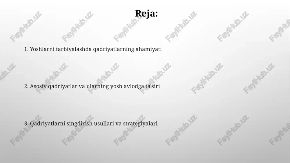 ing axloqiy me'yorlari va odob-axloq qoidalariga yangicha qarashini shakllantirdi. milliy va umuminsoniy qadriyatlar uyg'unligi milliy qadriyatlar, o'zbek xalqining o'ziga xos urf-odatlari va an'analari, umuminsoniy tamoyillar bilan uyg'unlashib, yosh avlodni tarbiyalashda 7 ta asosiy yo'nalishni belgilaydi. ushbu uyg'unlik, o'zbekiston konstitutsiyasining 14 moddasida mustahkamlab qo'yilgan bo'lib, milliy o'zlikni saqlash va jahon sivilizatsiyasiga integratsiyalashuvning muvozanatini ta'minlaydi. yoshlar orasida qadriyatlarning buzilishi sabablari globallashuv ta'siri, ayniqsa internet orqali kirib kelayotgan 18-25 yoshlilar orasida g'arb madaniyatining salbiy unsurlari qadriyatlarga zid ta'sir ko'rsatmoqda. ijtimoiy-iqtisodiy notenglik 16-20 yoshlardagi o'smirlarning oilaviy muammolari, ishsizlik, moddiy qiyinchiliklar tufayli adolatsizlik hissi qadriyatlarni inkor etishga olib keladi. qadriyatlarni mustahkamlash yo'llari milliy qadriyatlarni ommalashtirish uchun 5 ta asosiy yo'nalishda madaniy tadbirlar, festivallar va 10 dan ortiq ijtimoiy loyihalar tashkil etish orqali yosh avlodning ma'naviy kamolotiga hissa qo'shish zarur. ta'lim muassasalarida 7 ta asosiy diniy va dunyoviy qadriyatlarni singdirishga qaratilgan maxsus dasturlar va 3 bosqichli treninglar orqali o'quvchilarning axloqiy sifatlarini rivojlantirish mumkin. xulosa va tavsiyalar …
