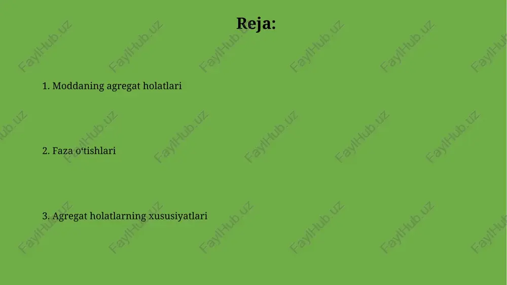 araganda ko'proq harakatchan bo'lib, taxminan 10⁻¹⁰ metrlik masofada harakatlanadi. suyuqliklar uchun sirt tarangligi muhim, bu suyuqlik yuzasining minimal maydonga intilishidir. bu hodisa, masalan, kapillyar effektda 0.073 n/m qiymatga ega bo'lishi mumkin. gaz holati gaz holati moddaning eng tartibsiz holati bo'lib, molekulalar orasidagi masofa juda katta va o'zaro ta'sir kuchlari deyarli nolga teng. gazlar 0 gradus selsiyda ideal gaz qonunlariga yaqin xususiyatlarni namoyon etadi. gazlar siqiluvchanlik xususiyatiga ega, chunki molekulalar orasida katta bo'shliqlar mavjud. hajm, bosim va temperatura o'rtasidagi munosabat ideal gaz qonuni pv=nrt orqali ifodalanadi, bunda r gaz doimiysi 8.314 j/(mol·k) ga teng. plazma holati plazma holati, odatda yuqori haroratda (>5000 °c) gaz ionlashganda hosil bo'ladi, bu esa erkin elektronlar va ionlardan iborat aralashma hosil qiladi va o'tkazuvchanlikni oshiradi. plazma, 'to'rtinchi holat' sifatida tanilgan, chunki uning xususiyatlari qattiq, suyuq va gazlardan farq qiladi; masalan, plazma elektr va magnit maydonlariga kuchli ta'sir ko'rsatadi. boshqa agregat holatlari bose-eynshteyn kondensati absolyut nolga yaqin …