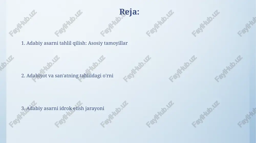 badiiy tahlil qilish orqali hal etishga undashdir. adabiy asar tuzilishi adabiy asar tuzilishi 3 ta asosiy qismga bo'linadi: kirish (10-20%), asosiy qism (60-70%) va xulosa (10-20%), bu nisbat muallif tomonidan o'zgarishi mumkin. asar tuzilishida kompozitsiya muhim rol o'ynaydi, unga sujet rivoji, konfliktlar, personajlar tizimi va badiiy detallar kiradi, bu esa asarning 7 elementidir. syujet va kompozitsiya syujet voqealarning vaqtinchalik-sababiy bog'lanishini aks ettiradi, 1-bosqichda ekspozitsiya, tugun, rivojlanish, kulminatsiya va yechim kabi 5 elementni o'z ichiga oladi. kompozitsiya esa, asar qismlarining joylashuvi va o'zaro aloqasini anglatadi, 3 ta asosiy turi bor: chiziqli, xronologik va retrospektiv usullar mavjud. personajlar tizimi personajlar tizimi asarda 100 dan ortiq belgini oʻz ichiga olishi mumkin, har bir personajning motivatsiyasi 3-darajali tahlil orqali aniqlanadi, bu esa asarning ma'nosini chuqurlashtiradi. asosiy personajlar odatda 2 yoki 3 ta bo'lib, ularning o'zaro munosabatlari syujetning 50% ini tashkil etadi va ularning harakatlari asarning g'oyasini ochib beradi. til va uslub "til va uslub" …