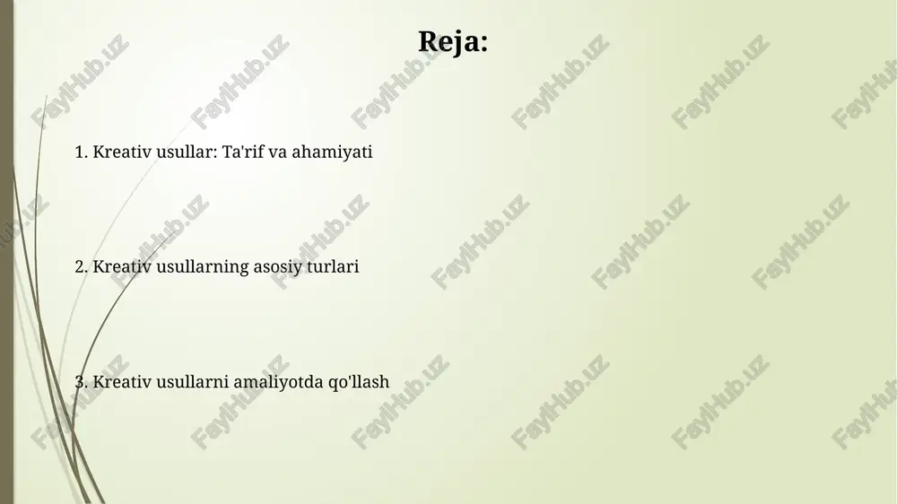 lik va tahrir qilish imkoniyatini ta'minlaydi. scamper usuli scamper usuli 7 ta fikrlash stimulyatoridan foydalanadi: o’rnini bosish (substitue), birlashtirish (combine), moslashtirish (adapt), o’zgartirish (modify), boshqa maqsadlarda foydalanish (put to other uses), yo’qotish (eliminate), teskarisini qilish (reverse). scamper usuli, masalan, mahsulotni yaxshilash uchun 5w1h usuliga o'xshash savollarni o'z ichiga oladi, lekin u 7 xil fikrlash turiga bo'lingan, shuningdek, turli xil mahsulot modifikatsiyalarini o'z ichiga oladi. lateral fikrlash lateral fikrlash 6 ta asosiy yo'nalishga ega: ehtimollarni tahlil qilish, provokatsiya usullari, alternativalarni izlash, dominant g'oyalarni rad etish va tasodifiy aloqalardan foydalanish, yangi yechimlarni kashf etish. ushbu usul muammoni 90 gradusga burish orqali, mavjud bo'lmagan mantiqiy bog'liqliklarni o'rnatish orqali yangi g'oyalarni yaratishga yordam beradi, natijada 10 xildan ortiq yechimlar paydo bo'lishi mumkin. triz (ixtirochilik masalalarini hal qilish nazariyasi) triz 40 ta ixtirochilik prinsipidan foydalanadi, ular muammolarni hal qilishda aniq yo'nalishlarni ko'rsatadi va mavhum yechimlarni konkretlashtirishga yordam beradi. texnik ziddiyatlar trizning asosiy tushunchalaridan biri bo'lib, …