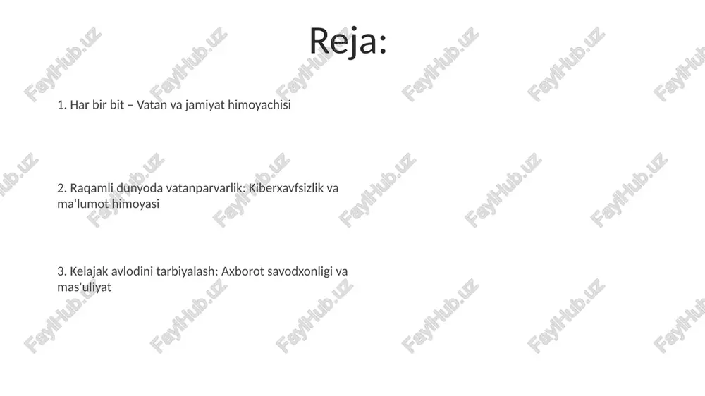 yordam beradi. ilm-fan va texnologiyalar sohasidagi yutuqlar o'zbekistonda sun'iy intellekt sohasida jadal rivojlanish kuzatilmoqda, jumladan, tabiiy tilni qayta ishlash va kompyuter ko'rish texnologiyalari bo'yicha innovatsion yechimlar ishlab chiqilmoqda. nanotexnologiyalar yo'nalishida yangi materiallar yaratish bo'yicha ilmiy tadqiqotlar olib borilmoqda, bu esa elektronika va tibbiyot sohalarida yangi imkoniyatlar yaratmoqda. yosh avlodning roli yoshlar 4.0 sanoat inqilobi sharoitida yangi texnologiyalarni o'zlashtirish va tatbiq etish orqali iqtisodiy o'sishning asosiy omili sifatida namoyon bo'ladi. yosh avlodning roli – bu 21-asrda jamiyatning innovatsion rivojlanishini ta'minlash, bunda stem fanlari bo'yicha bilimlar ulkan ahamiyatga ega. xulosa xulosa qisqa va aniq boʻlishi kerak, asosiy argumentlarni 25-35 soʻzda jamlab, tadqiqotning muhimligini taʼkidlashi zarur. xulosada 3-4 ta asosiy natijani keltirib, ularning amaliy ahamiyatini koʻrsatish, tadqiqot savoliga 20-30 soʻzda javob berish muhimdir. e'tiboringiz uchun rahmat image5.jpg image6.jpg image7.jpg image8.jpg image9.jpg image10.jpg image11.jpg image12.jpg image1.jpeg image2.jpeg