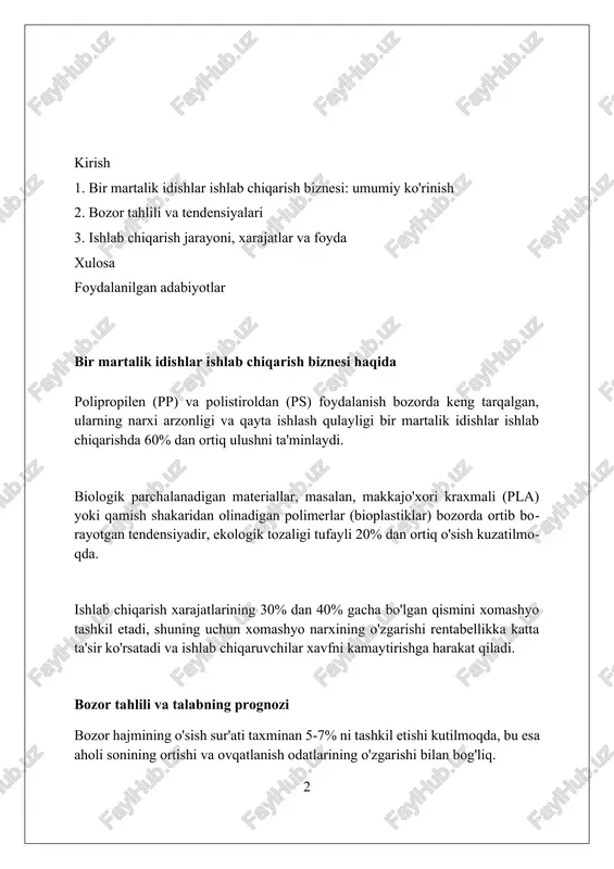 ligi sababli issiq ovqatlar uchun ishlatiladi. sug'oriladigan qamish tolasi (bagasse) idishlar kompostlash mumkin, 90 kunda parchalanadi va 100°c gacha haroratga bardosh beradi; ularning narxi qog'ozli idishlardan 15-20% qimmatroq. ishlab chiqarish jarayoni ishlab chiqarish jarayonida, polistirol yoki polipropilen kabi termoplastik materiallar 180-220°c gacha qizdirilib, qolipga quyiladi va shakl beriladi. bu, qisqa vaqt ichida ko'p miqdorda mahsulot olish imkonini beradi. qog'ozli idishlar ishlab chiqarishda, yog'och pulpasidan tayyorlangan qog'oz qatlami suv o'tkazmasligi uchun polietilen bilan qoplanadi, so'ngra kesilib, shakl beriladi va issiqlik bilan presslanadi. bu, ekologik muqobil hisoblanadi. bio-parchalanadigan idishlar ishlab chiqarishda, makkajo'xori kraxmali yoki qamish tolasi kabi biologik materiallar ishlatiladi. maxsus fermentatsiya jarayonlari orqali plastik o'rniga ishlatiladigan material hosil qilinadi. bu, atrof-muhitga ta'sirni kamaytiradi. uskunalar va texnologiyalar termoformlash uskunasi yuqori tezlikda ishlab chiqarish uchun ishlatiladi, 1 daqiqada 50-100 ta idish tayyorlaydi, polipropilen va polistiroldan foydalangan holda qalinligi 0.3 mm dan 1.5 mm gacha bo'lgan mahsulotlar ishlab chiqaradi. ekstruziya liniyalari xom ashyoni (polimer …