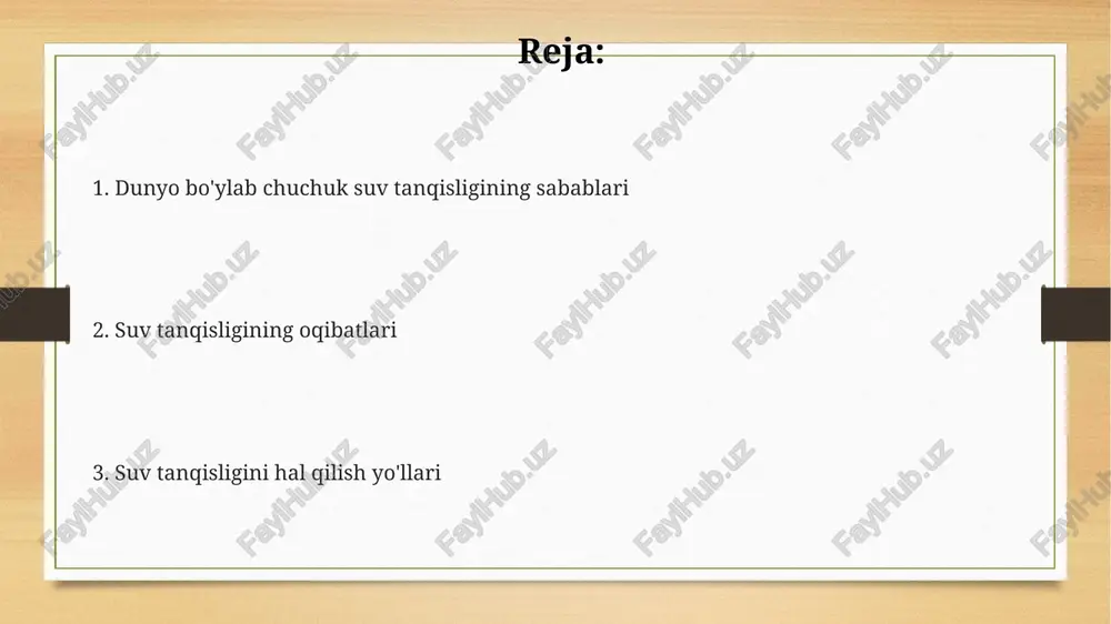 higa va ochlik xavfini kuchaytiradi. ifloslangan suv resurslari tufayli har yili 1,5 milliondan ortiq odam diareya kasalliklaridan vafot etadi, bu esa sog'liqni saqlash tizimiga katta yuk bo'ladi. suv resurslari uchun kurashlar mahalliy aholi o'rtasida mojarolarga sabab bo'lishi mumkin, bu esa ijtimoiy beqarorlikni keltirib chiqaradi va migratsiyani kuchaytiradi. eng ko'p zarar ko'rgan hududlar hindiston, pokiston va bangladesh kabi janubiy osiyo davlatlari er osti suvlaridan haddan tashqari foydalanish tufayli suv tanqisligiga duch kelmoqda, bu esa suv sathining pasayishiga va suv sifatining yomonlashuviga olib keladi. sahroi kabirning janubiy qismi, ayniqsa sahel mintaqasi, cho'llanish va o'zgaruvchan yog'ingarchilik tufayli qishloq xo'jaligi uchun suv tanqisligidan eng ko'p zarar ko'radi, natijada oziq-ovqat xavfsizligi kamayadi. aqshning g'arbiy qismida, jumladan, kaliforniya va kolorado daryosi havzasida uzoq muddatli qurg'oqchilik va aholining o'sishi suv resurslariga katta bosim o'tkazmoqda, natijada sug'orish cheklanadi. echimlari va strategiyalari suv resurslarini muhofaza qilish uchun, aholi va sanoat korxonalarining suvga bo'lgan ehtiyojini qondirishda davlat-xususiy sherikchilik muhim. global …