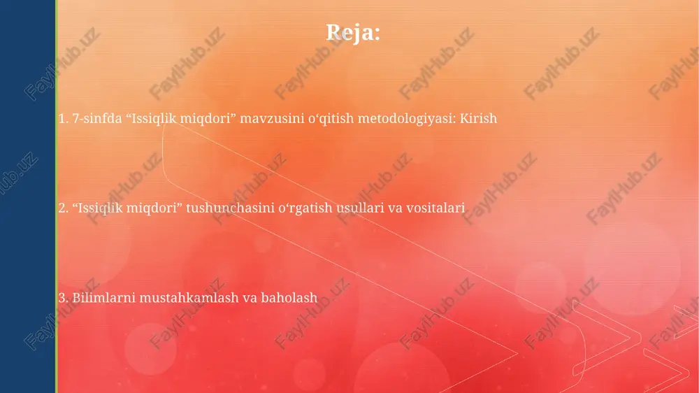 siqlik miqdorini hisoblash uchun formulalar, q=mcδt, batafsil yoritilib, har bir parametrning fizik ma'nosi tushuntiriladi. faollashtiruvchi mashqlar faollashtiruvchi mashqlar, masalan, "brainstorming", 2-3 daqiqa davomida o'quvchilarning issiqlik miqdori haqidagi bilimlarini yoritishga yordam beradi va mavzuga qiziqish uyg'otadi. "kichik guruhlarda munozara" usuli, 5-7 daqiqa davomida, o'quvchilarga issiqlik miqdori formulasi (q=mcδt) komponentlarini tushuntirish va amaliy misollar keltirishga imkon beradi. tajriba namoyishlari tajriba namoyishlarida 2 ta bir xil massali suvni har xil quvvatli (masalan, 50w va 100w) isitgichlar bilan isitish vaqtlarini taqqoslash mumkin. bu issiqlik miqdori quvvatga bog’liqligini ko’rsatadi. namoyish uchun mis, alyuminiy va po'latdan yasalgan 3 xil metall silindrni oling. ularni bir xil haroratgacha qizdiring va keyin bir xil mum ustiga qo'ying. mum ichiga chuqurroq kirgan silindr ko'proq issiqlik chiqaradi. muammoli vaziyatlar muammoli vaziyatlar issiqlik miqdori tushunchasini o'rgatishda o'quvchilarning oldingi bilimlarini yangi tushunchalar bilan bog'lashda qiyinchiliklar keltirib chiqarishi mumkin, masalan, harorat va issiqlik o'rtasidagi farq. kalorimetriya tajribalarini tushuntirishda muammoli vaziyatlar paydo bo'lishi mumkin, chunki …
