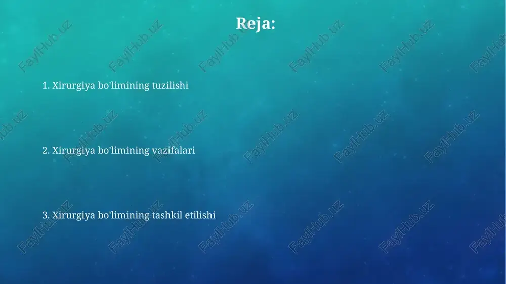 'pchilik patogen mikroorganizmlarni yo'q qilib, ularning sonini xavfsiz darajaga tushiradi. avtoklavlash - eng samarali sterilizatsiya usuli bo'lib, 121°c da 15-20 daqiqa davomida yuqori bosimli bug' yordamida amalga oshiriladi, infeksiyani nazorat qilish uchun juda muhimdir. jarrohlik infeksiyalari nazorati jarrohlik infeksiyalari nazoratida standart ehtiyot choralariga rioya qilish, masalan, qo'llarni gigiena qoidalari va shaxsiy himoya vositalaridan to'g'ri foydalanish muhim ahamiyatga ega. xodimlar 0-darajali bakteriyalarni yo'qotish uchun operatsiyadan oldin 2-5 daqiqa davomida qo'llarini antibakterial sovun bilan yuvishlari shart. bemorlarni qabul qilish va joylashtirish tartibi bemorlar qabul boʻlimi orqali kelgan har bir bemorni tibbiy xodimlar tomonidan tekshirish va ularning ahvoliga qarab, 1-3 soat ichida kerakli boʻlimga joylashtirish zarur. shoshilinch holatlarda, bemorning ahvoli ogʻir boʻlsa, toʻgʻridan-toʻgʻri reanimatsiya boʻlimiga yetkaziladi. reanimatsiya boʻlimida intensiv terapiya choralari 0-24 soat davomida olib boriladi. operatsiyaga tayyorgarlik operatsiyaga tayyorgarlikda bemorning ahvoli baholanadi, shu jumladan qon tahlillari (masalan, gemoglobin, trombotsitlar) va yurak faoliyatini ekg orqali tekshirish muhim. operatsiya oldidan bemorga kamida 8 soat …