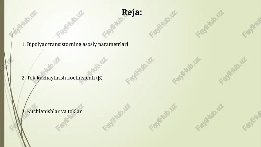 ng dc ish rejimida uning tokni kuchaytirish qobiliyatini aniqlaydi, lekin yuqori chastotalarda uning qiymati pasayishi mumkin. bazadan emitrga kuchlanish (vbe) bazadan emitterga kuchlanish (vbe) silikon tranzistorlar uchun odatda 0.6v dan 0.7v gacha bo'lib, tranzistorni "on" holatiga o'tkazish uchun zarur minimal kuchlanishdir. vbe kuchlanishi haroratga teskari proportsionaldir; harorat oshishi bilan vbe kamayadi, bu tranzistor ish faoliyatiga ta'sir qilishi mumkin, ayniqsa yuqori haroratlarda. kollektordan emitrga kuchlanish (vce) kollektor-emitter kuchlanishi (vce) tranzistorning kollektori va emitteri o'rtasidagi potensial farqni anglatadi va odatda bir necha voltdan (masalan, 0.2v) o'nlab voltgacha (masalan, 30v) bo'lishi mumkin. vce qiymati tranzistorning ish rejimini aniqlaydi; agar vce juda past bo'lsa (masalan, 0.1v), tranzistor to'yinganlik rejimida ishlaydi, agar yuqori bo'lsa (masalan, 15v), aktiv rejimda bo'ladi. kollektor toki (ic) kollektor toki (ic) - bu kollektordan emitentga oqadigan tok bo'lib, odatda milliamper (ma) yoki mikroamper (µa) larda o'lchanadi va tranzistorning ishlash rejimiga bog'liq. ic ning qiymati beta (β yoki hfe) deb nomlanuvchi tokni …