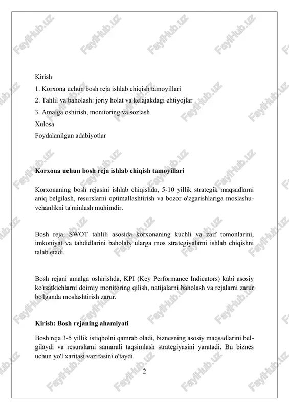 swot tahlilidan foydalanish korxonaning 5 ta asosiy yo'nalishini (moliya, mijozlar, ichki jarayonlar, o'rganish va rivojlanish) hisobga olish maqsadga muvofiqdir. vaziyatni tahlil qilish: swot va pestle swot tahlili 4 ta elementni o'z ichiga oladi: kuchli tomonlar (strengths), zaif tomonlar (weaknesses), imkoniyatlar (opportunities) va xatarlar (threats) tashkilotning maqsadlariga erishish uchun. pestle tahlili siyosiy (political), iqtisodiy (economic), ijtimoiy (social), texnologik (technological), ekologik (environmental) va huquqiy (legal) omillarni baholashni o'z ichiga oladi. vaziyatni tahlil qilish, swot va pestle kabi vositalar yordamida, strategik rejalashtirish uchun muhim asos yaratadi, tashkilotning ichki va tashqi muhitini tushunishga yordam beradi. kelajakni bashorat qilish va ssenariylar kelajakni bashorat qilishda, delphi usuli ekspertlar fikrini birlashtirib, 2-3 davrada konsensusga erishishga qaratilgan bo'lib, xatolikni kamaytiradi. ssenariylar rejalashtirish 3-5 ta ehtimoliy kelajakni yaratadi, masalan, optimistik (10% ehtimol), pessimistik (10% ehtimol) va asosiy (80% ehtimol). monte karlo simulyatsiyasi biznesda noaniqlikni baholash uchun 1000+ takroriy hisob-kitoblarni amalga oshirib, risklarni miqdoriy baholash imkonini beradi. strategik yo'nalishlarni belgilash …