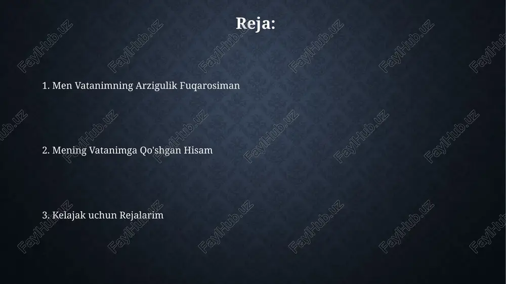 -yilga borib o'zbekistonning inklyuziv va sifatli ta'lim tizimini rivojlantirish maqsadini o'z ichiga oladi. o'zbekistonda ta'lim olishga intilishni qo'llab-quvvatlash uchun 100 dan ortiq oliy ta'lim muassasasi faoliyat yuritadi, bu esa yoshlarga keng imkoniyatlar yaratadi. mehnatsevarlik va kasbiy mahorat mehnatsevarlik – bu tinimsiz harakat, maqsadga erishish uchun qat'iyatlilik, bunda ish unumdorligi 20% ga oshadi va yangi imkoniyatlar yaratiladi. kasbiy mahorat 10 yillik tajriba va muntazam o'qish orqali shakllanadi, mutaxassisning 85% muvaffaqiyatini ta'minlaydi hamda rivojlanishga xizmat qiladi. madaniy merosni asrash madaniy merosni asrash konstitutsiyaning 69-moddasida mustahkamlangan boʻlib, har bir fuqaroning burchi hisoblanadi, milliy boylikni kelajak avlodlarga yetkazish uchun muhim ahamiyatga ega. oʻzbekistonda 7400 dan ortiq madaniy meros obyekti davlat muhofazasiga olingan, ularning 200 dan ziyodi unesco roʻyxatiga kiritilgan, bu ularning global ahamiyatini koʻrsatadi. boshqalarga g'amxo'rlik boshqalarga g'amxo'rlik qilish, ayniqsa 2023-yilda, jamiyatning zaif qatlamlariga, masalan, nogironlar va yolg'iz qariyalarga bepul yordam ko'rsatishni anglatadi. volontyorlik ishlari, xususan, qon topshirish aksiyalari, aholining 10 foizga yaqin qismiga …