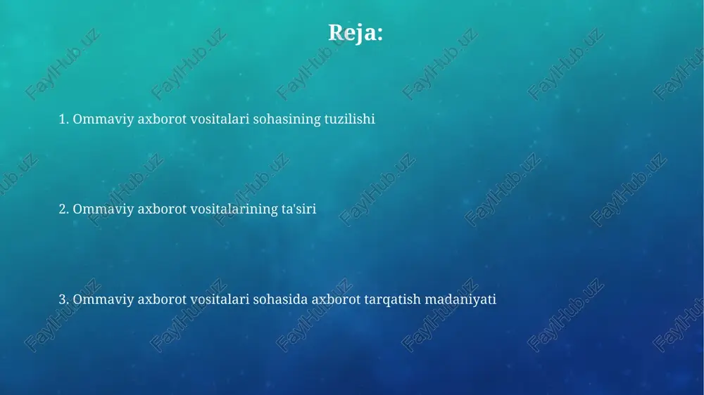 h vositasi bo'lib, unda foydalanuvchilar o'z kontentini yaratishi va baham ko'rishi mumkin, bu esa '24/7 yangiliklar' siklini yaratadi. axborot tarqatish madaniyati: tendentsiyalar va o'zgarishlar raqamli texnologiyalarning rivojlanishi bilan, ma'lumot tarqatishda tezlik va qulaylik ortdi, lekin faktlarni tekshirishning ahamiyati 2 barobar oshdi. sifatli axborotga talab kuchaymoqda. ijtimoiy tarmoqlar axborot tarqatishning asosiy platformasiga aylanib, fuqarolik jurnalistikasining rivojlanishiga turtki bo'ldi, ammo 30% holatlarda yolg'on xabarlar tarqalish xavfi mavjud. axborot tarqatishga ta'sir etuvchi omillar: texnologiya, qonunchilik va etika texnologiya 4g dan 5g ga o'tishi axborot tarqatish tezligini oshirib, yangiliklarni oniy yetkazish imkonini beradi, lekin raqamli tafovutni ham kuchaytirishi mumkin. qonunchilik, masalan, 'axborot erkinligi to'g'risidagi qonun' davlat organlari faoliyati haqida ma'lumot olish imkonini beradi, lekin maxfiylikni himoya qilish bilan muvozanatlash zarur. ommaviy axborot vositalari sohasidagi axborot urushi va dezinformatsiya axborot urushi keng ma'noda 21-asrda davlatlararo munosabatlarning asosi boʻlib, siyosiy maqsadlarga erishish uchun dezinformatsiya tarqatishga qaratilgan. dezinformatsiya, odatda, 1980-yillardan beri oavda keng tarqalgan bo'lib, maqsadli auditoriyani …